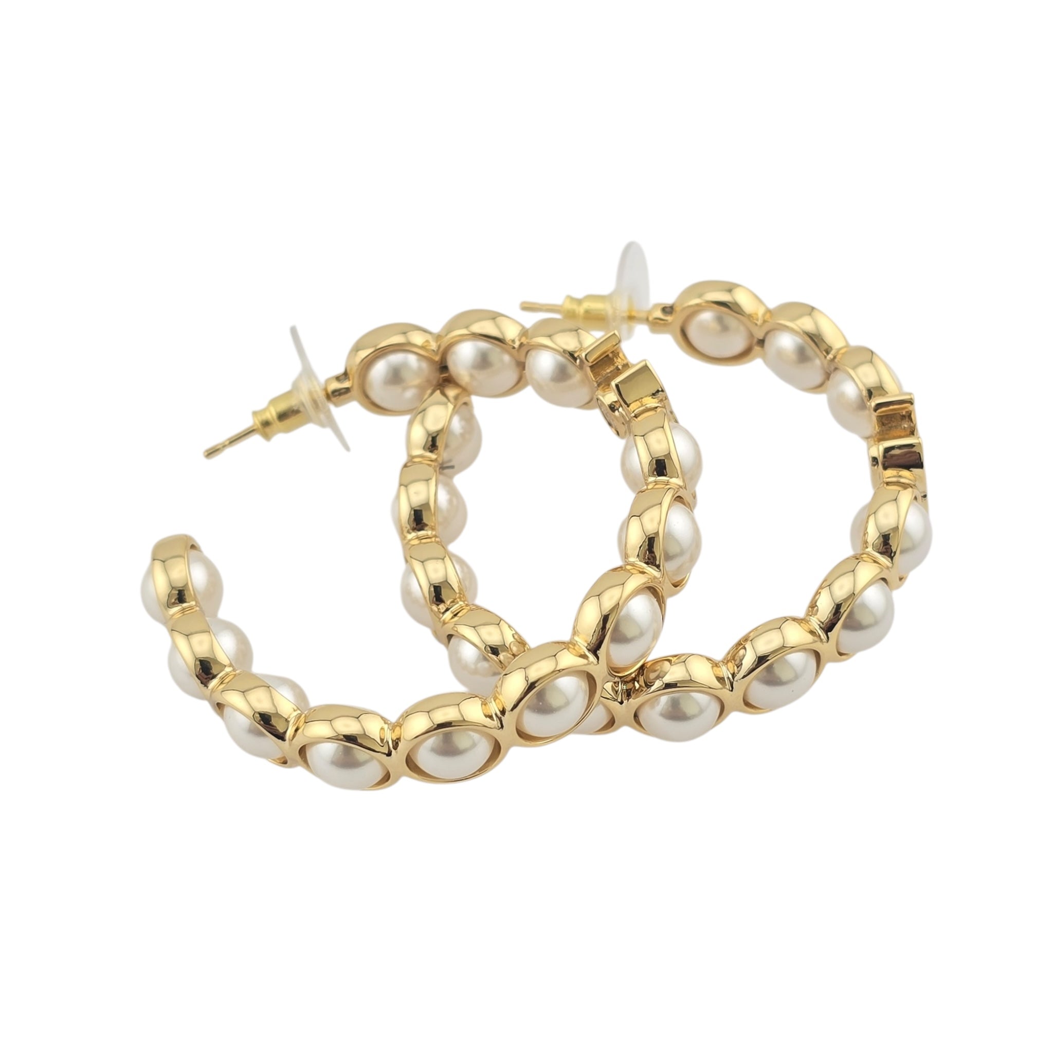 Chanel CC Faux Pearl Gold Hoop Earrings 2024 CHANEL