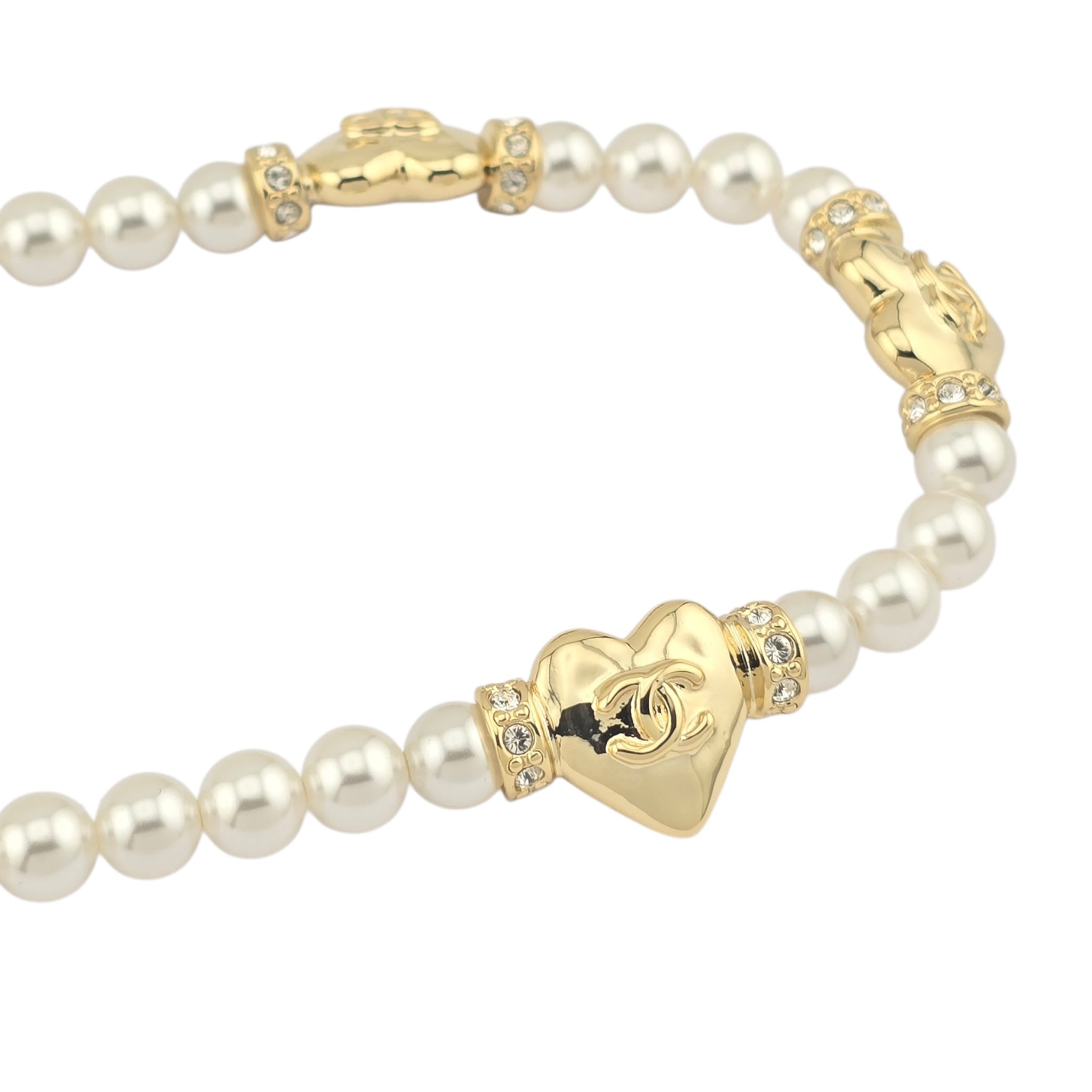 Chanel CC Faux Pearl Gold Heart Necklace 2024
