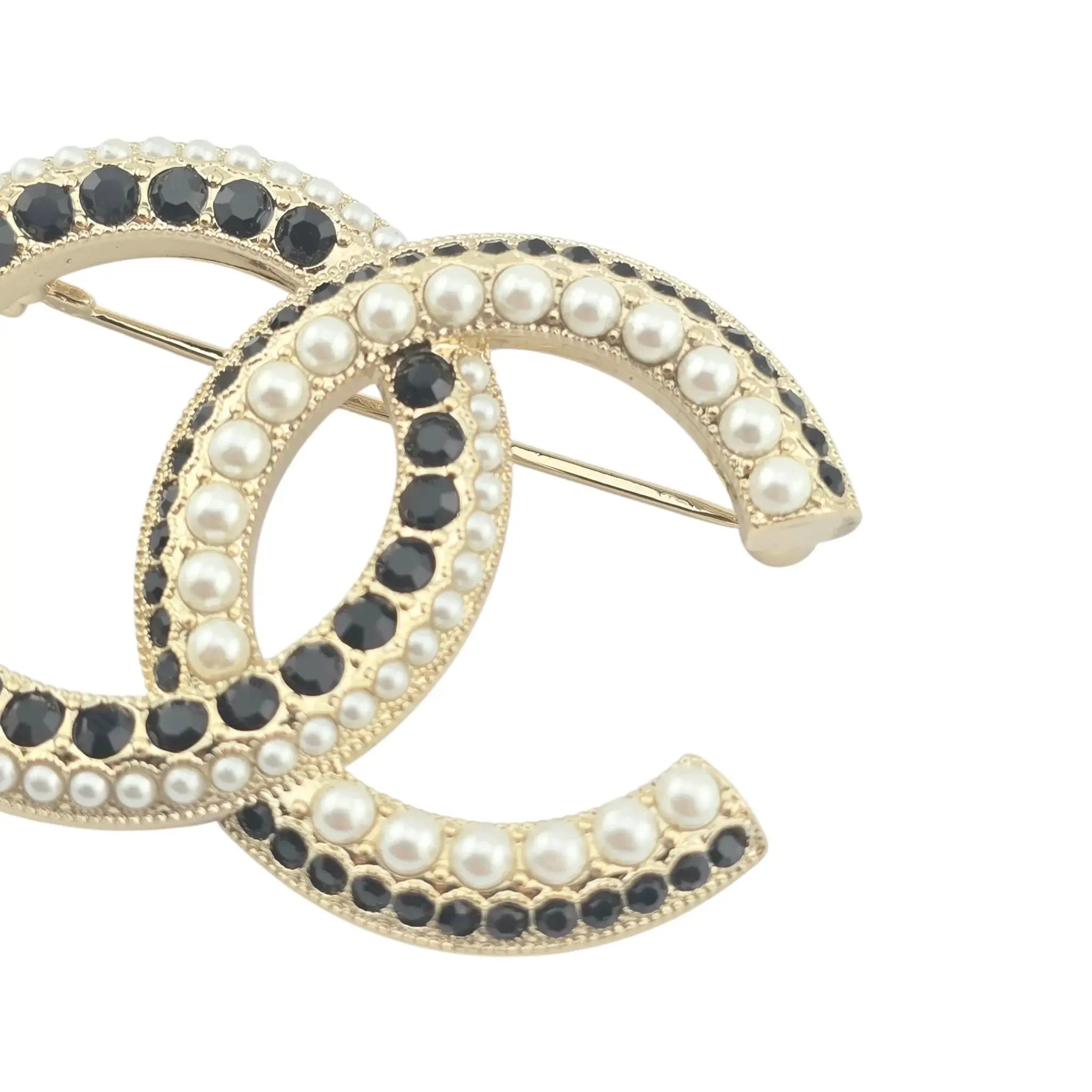 Chanel CC Gold Black Crystals Faux Pearl Brooch 2022 CHANEL