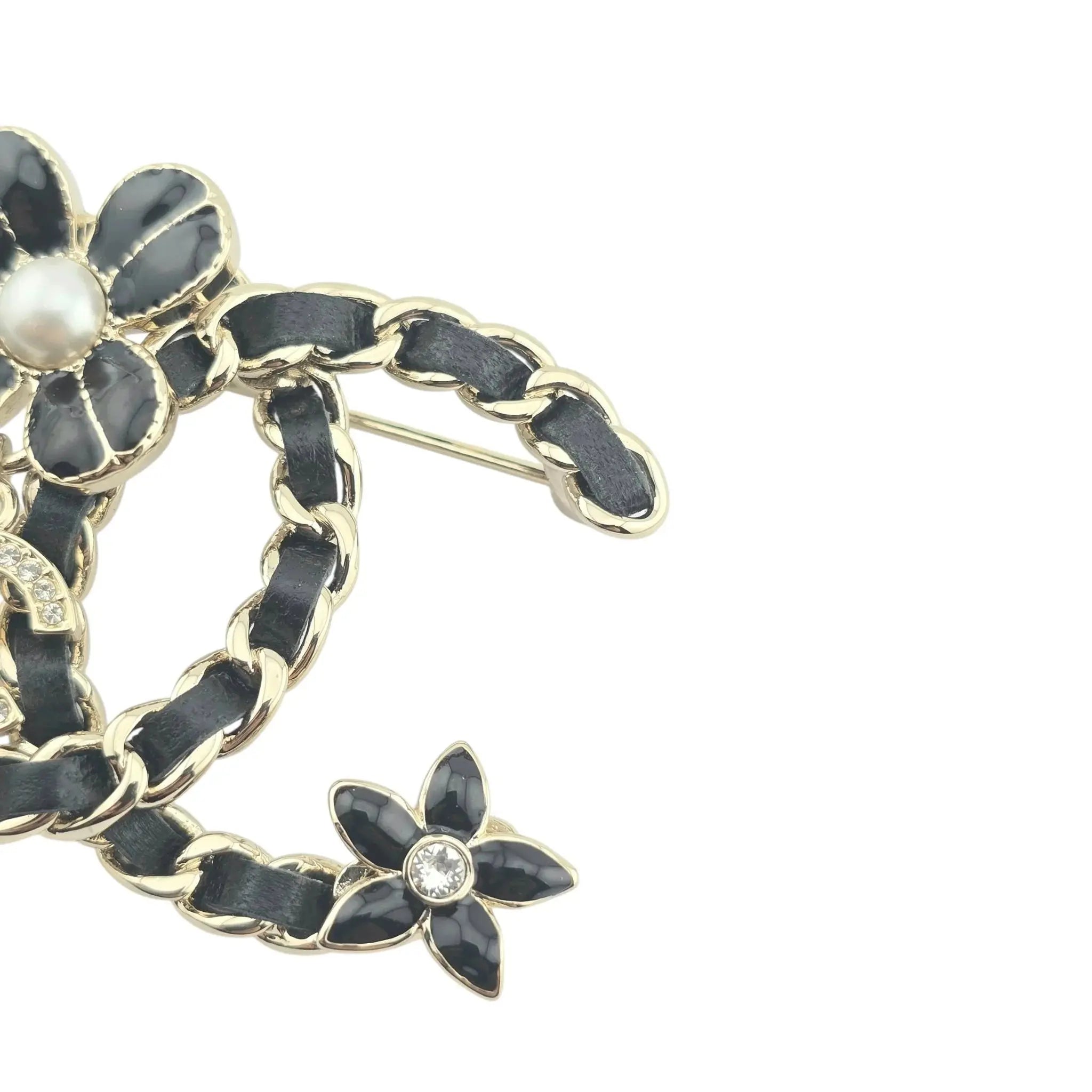 Chanel CC Black Leather Floral Brooch 2022 CHANEL