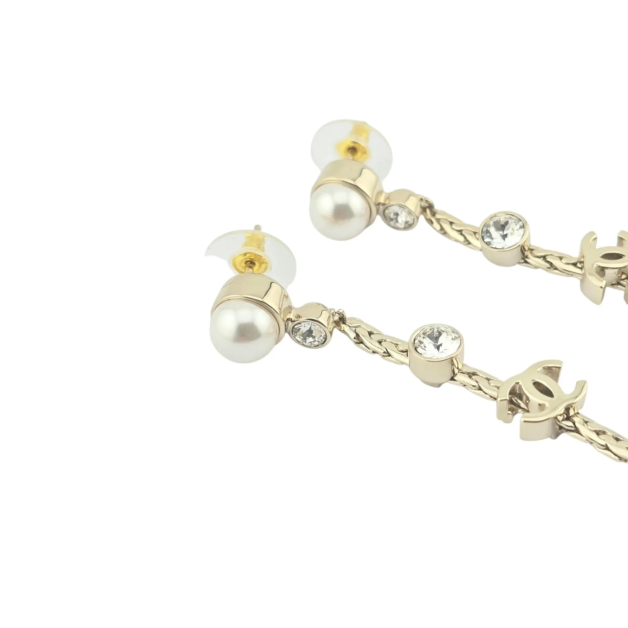 Chanel CC Drop Crystal Faux Pearls Gold Earrings 2022 CHANEL