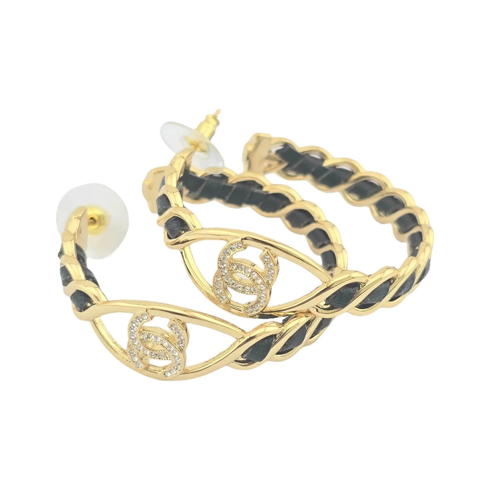 Chanel CC Hoop Leather Strass Earrings 2024 CHANEL