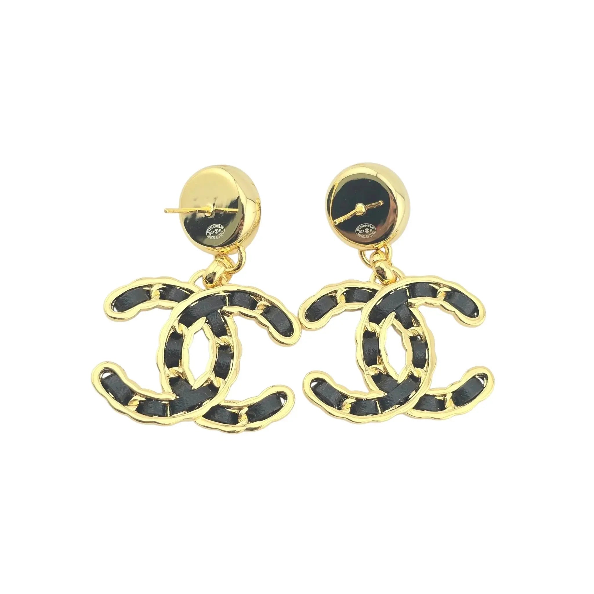 Chanel CC Gold Black Leather Drop Earrings B24 CHANEL