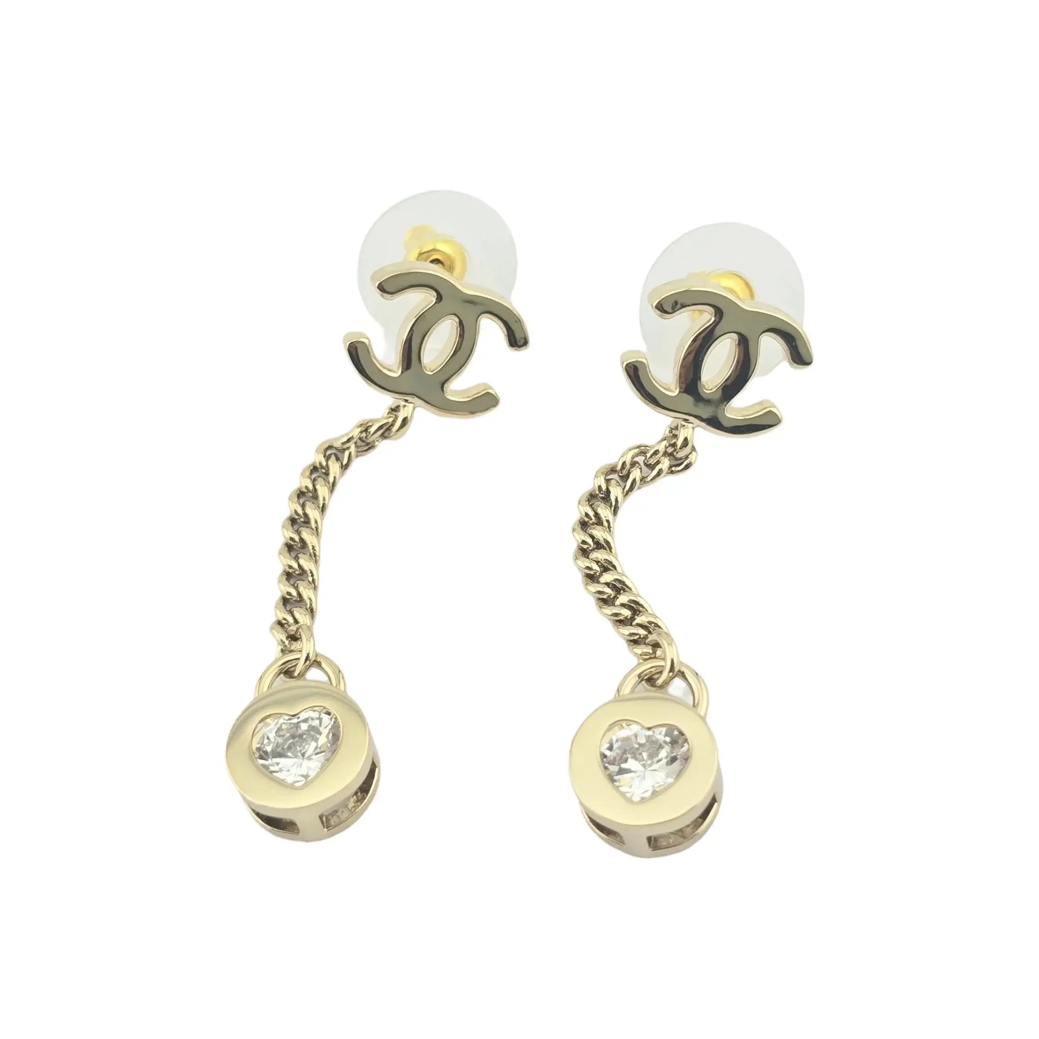 Chanel CC Crystal Gold Heart Drop Earrings 24B CHANEL