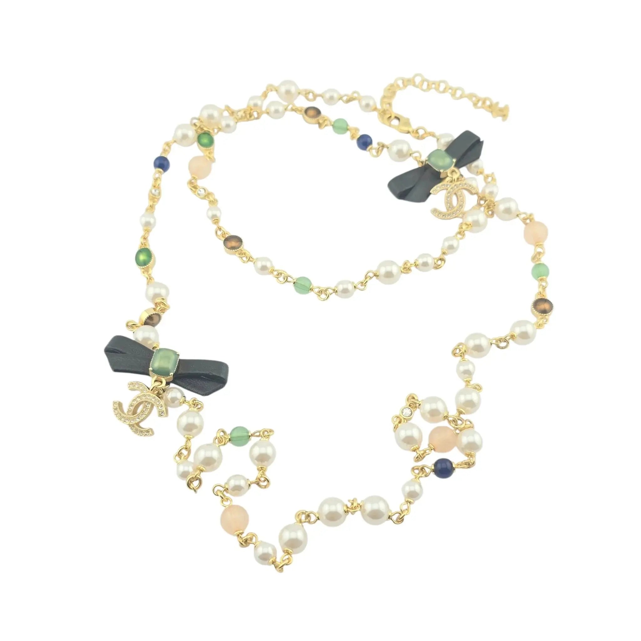 Chanel CC Bow Faux Pearl Bead Long Necklace 2024 CHANEL