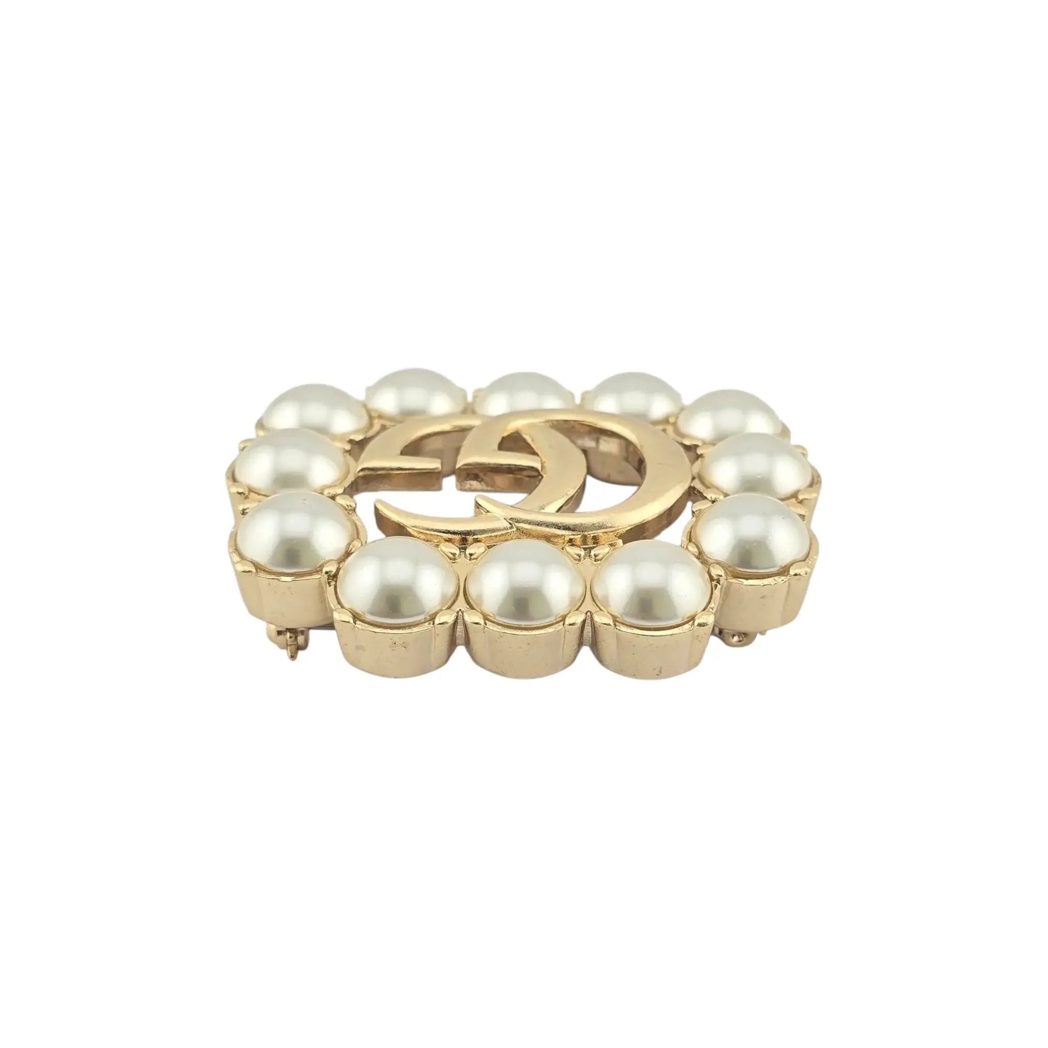 GUCCI GG Pearl Double G Brooch Aged Gold GUCCI