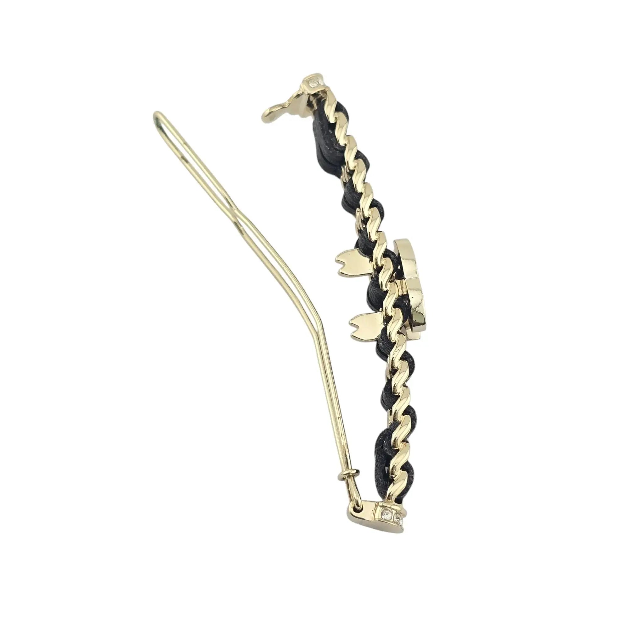 Chanel CC Black Leather Crystal Hair Barrette Clip B21 CHANEL