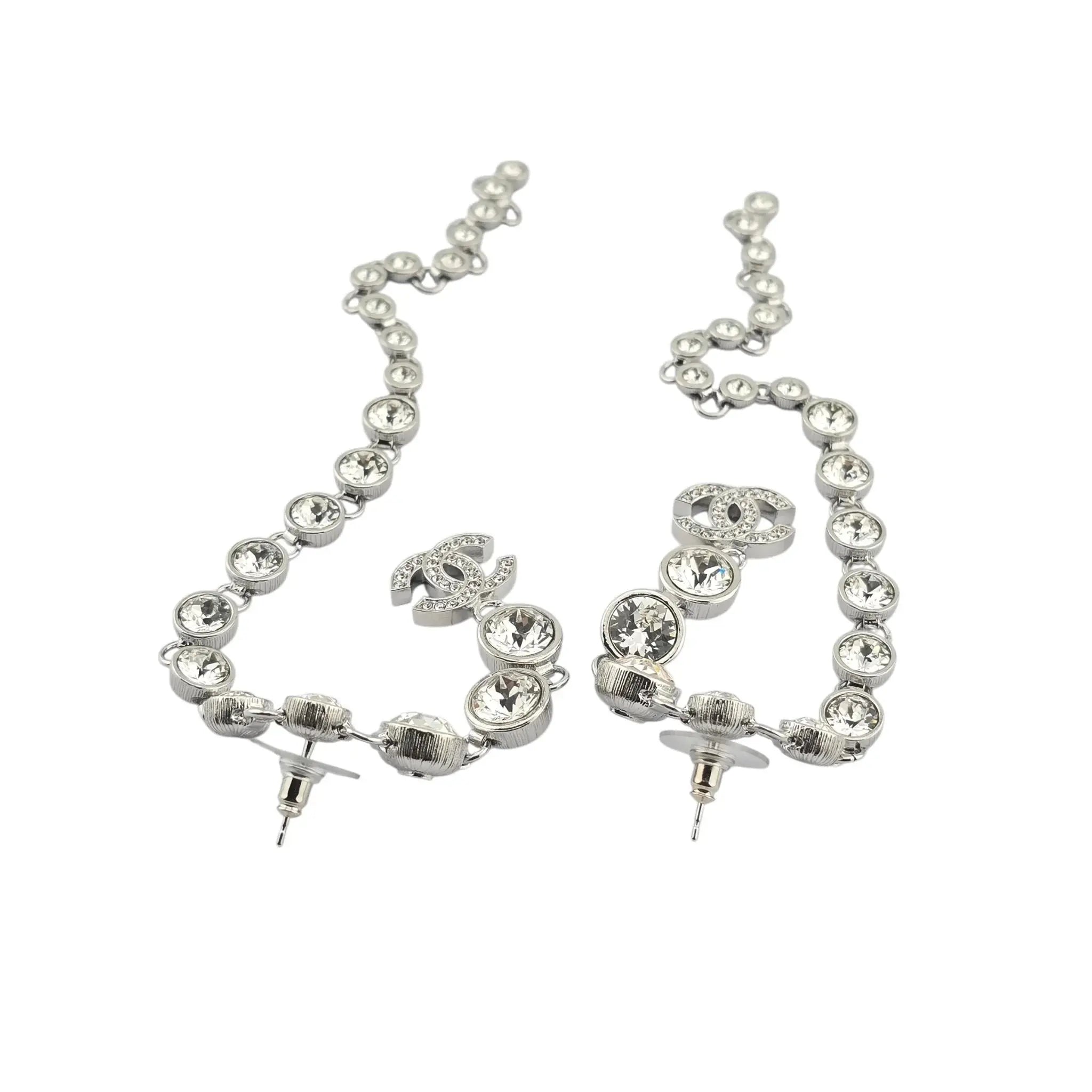 Chanel Crystal CC Long Drop Earrings Silver 2023 CHANEL