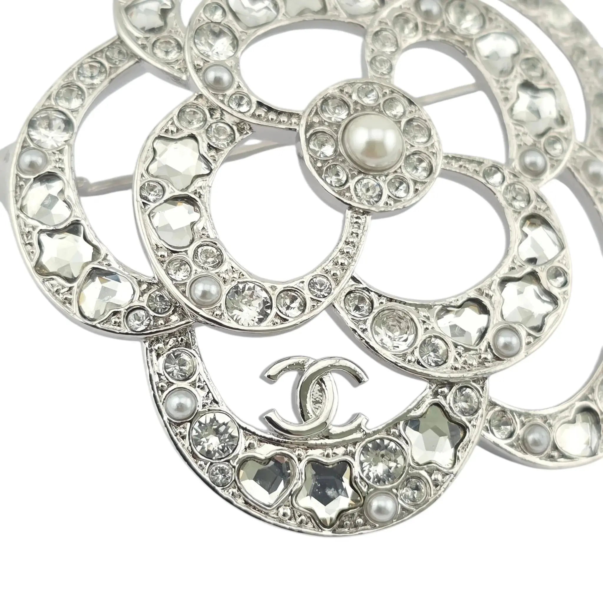 Chanel CC Silver Crystal Camellia Flower Brooch 2025 CHANEL