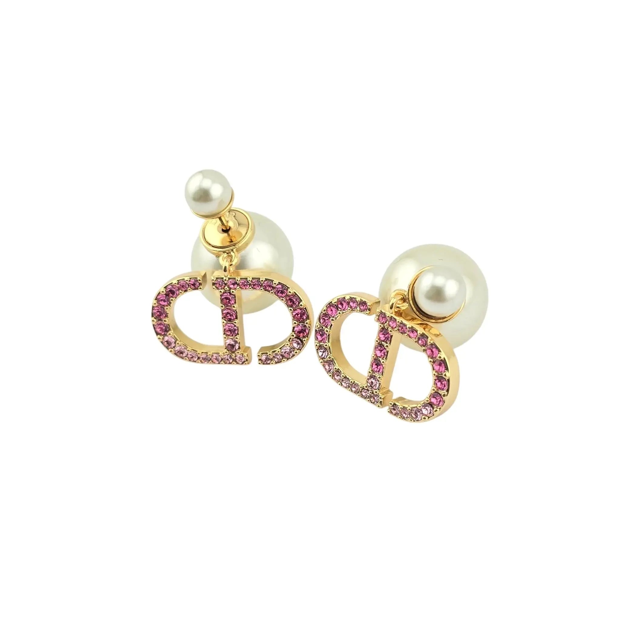 Christian Dior Tribales Faux Pearl Pink Crystal CD Earrings DIOR