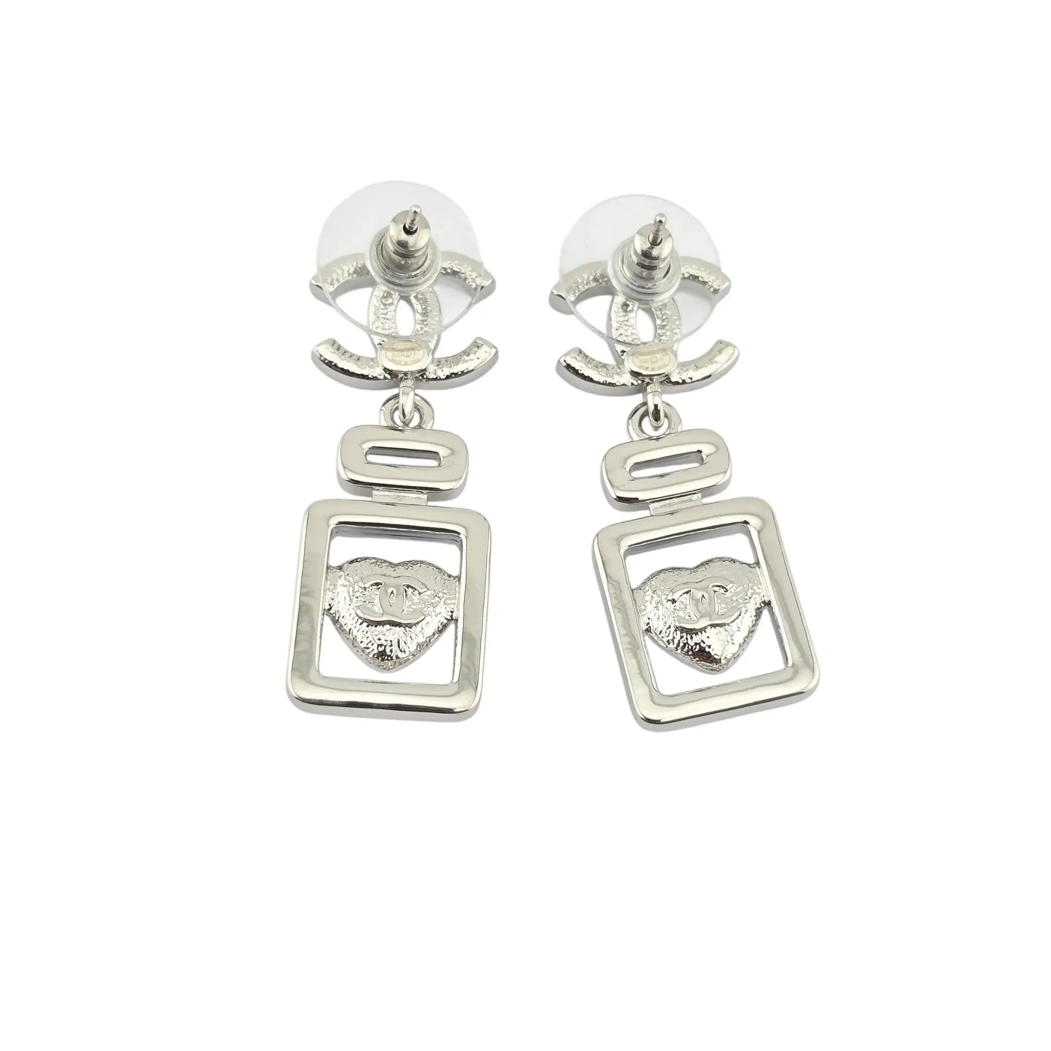 Chanel CC Silver Blue Heart Bottle Drop Earrings 2025 CHANEL
