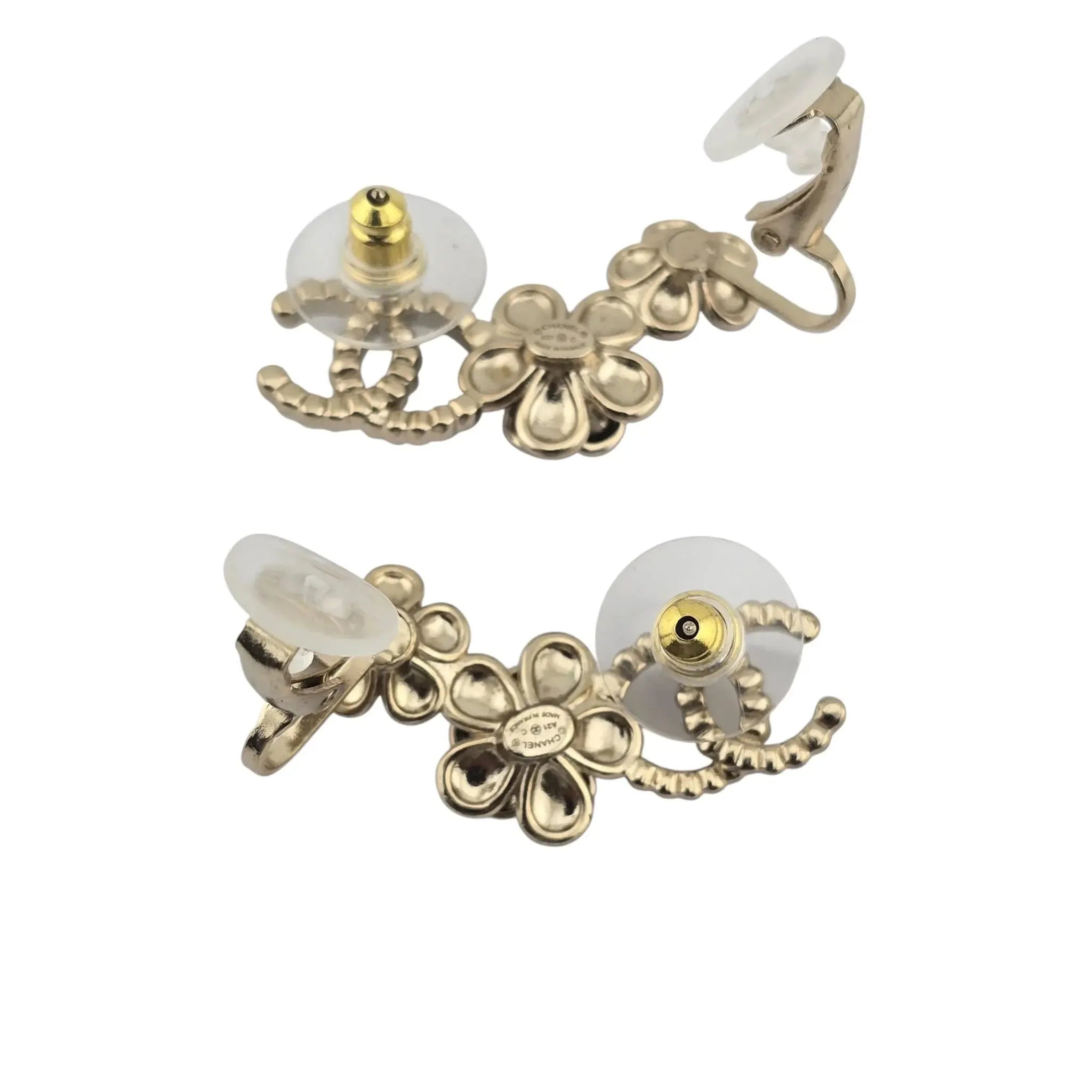 Chanel CC Crystal Enamel Camelia Clip On Stud Earrings Black White CHANEL