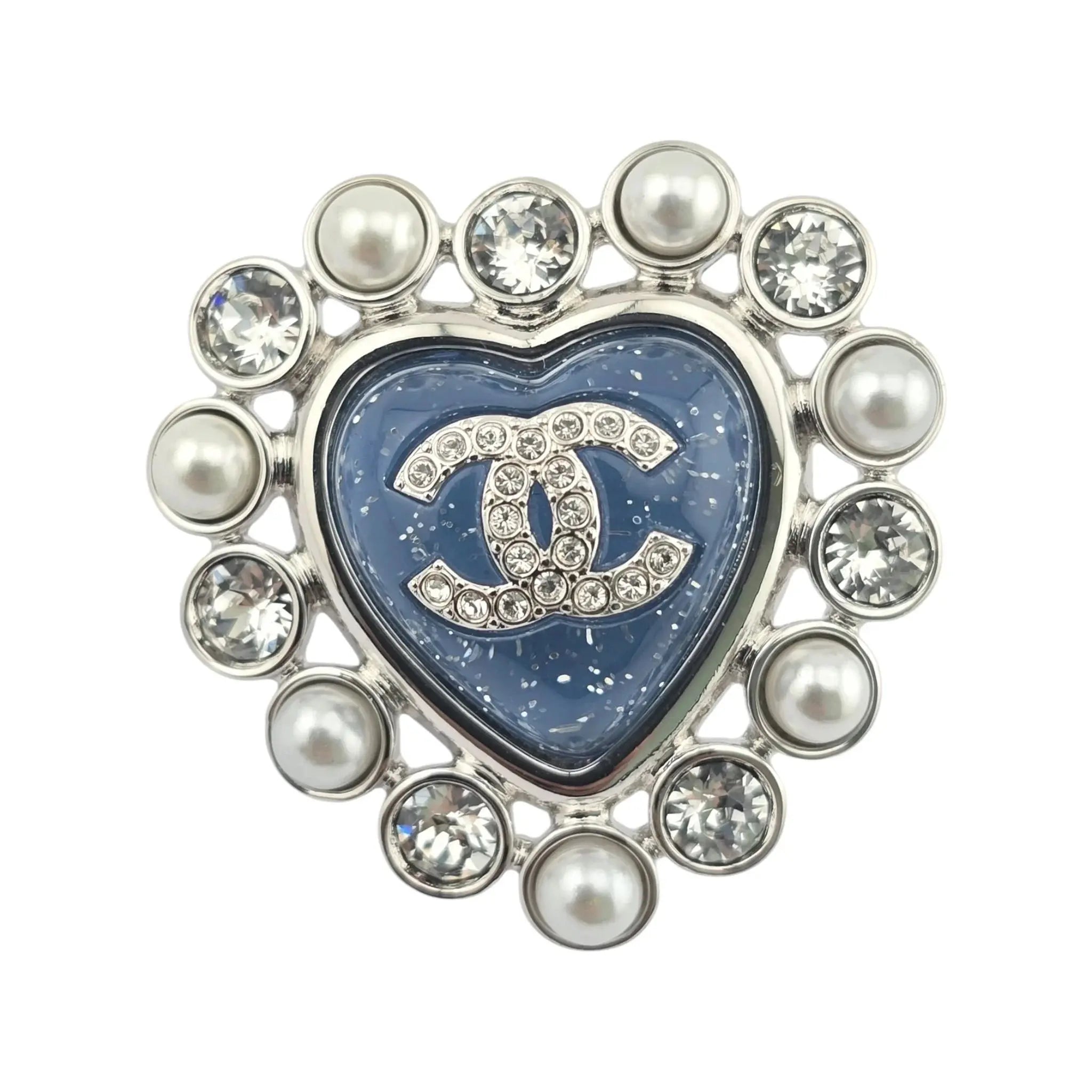 Chanel CC Silver Blue Heart Crystal Faux Pearl Earrings 2025 CHANEL