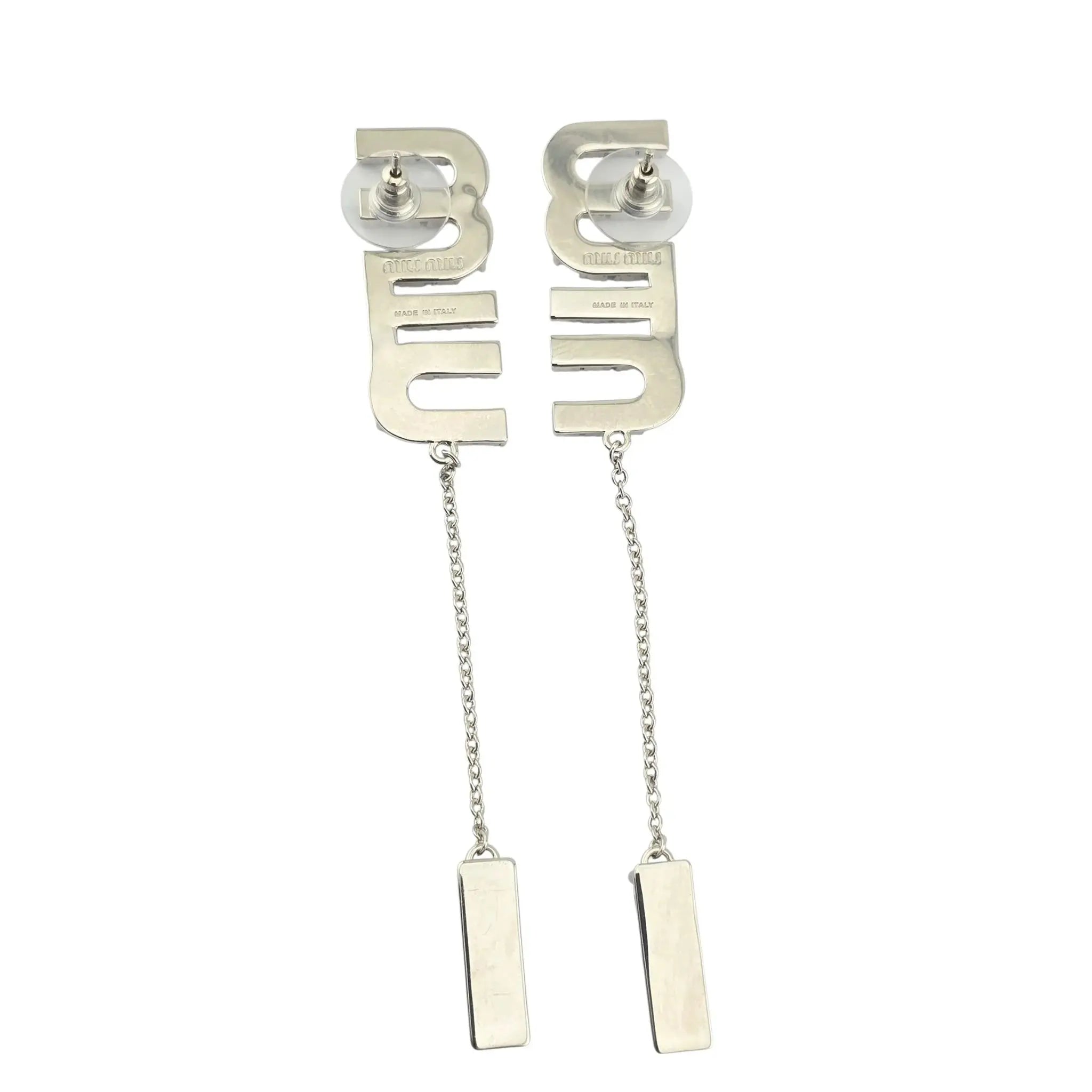 Miu Miu Logo Silver Crystal Drop Earrings MIU MIU