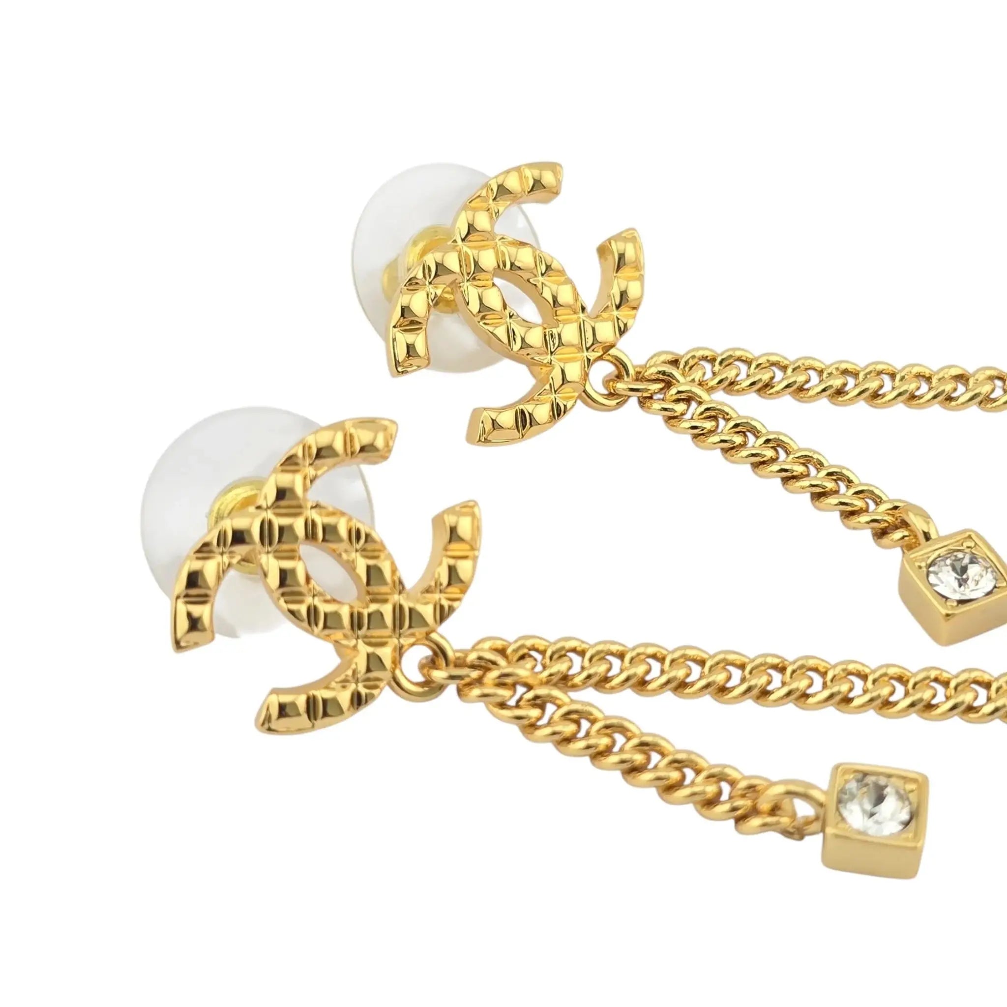 Chanel CC Crystal Pearl Quilted Chain Drop Earrings Gold CHANEL