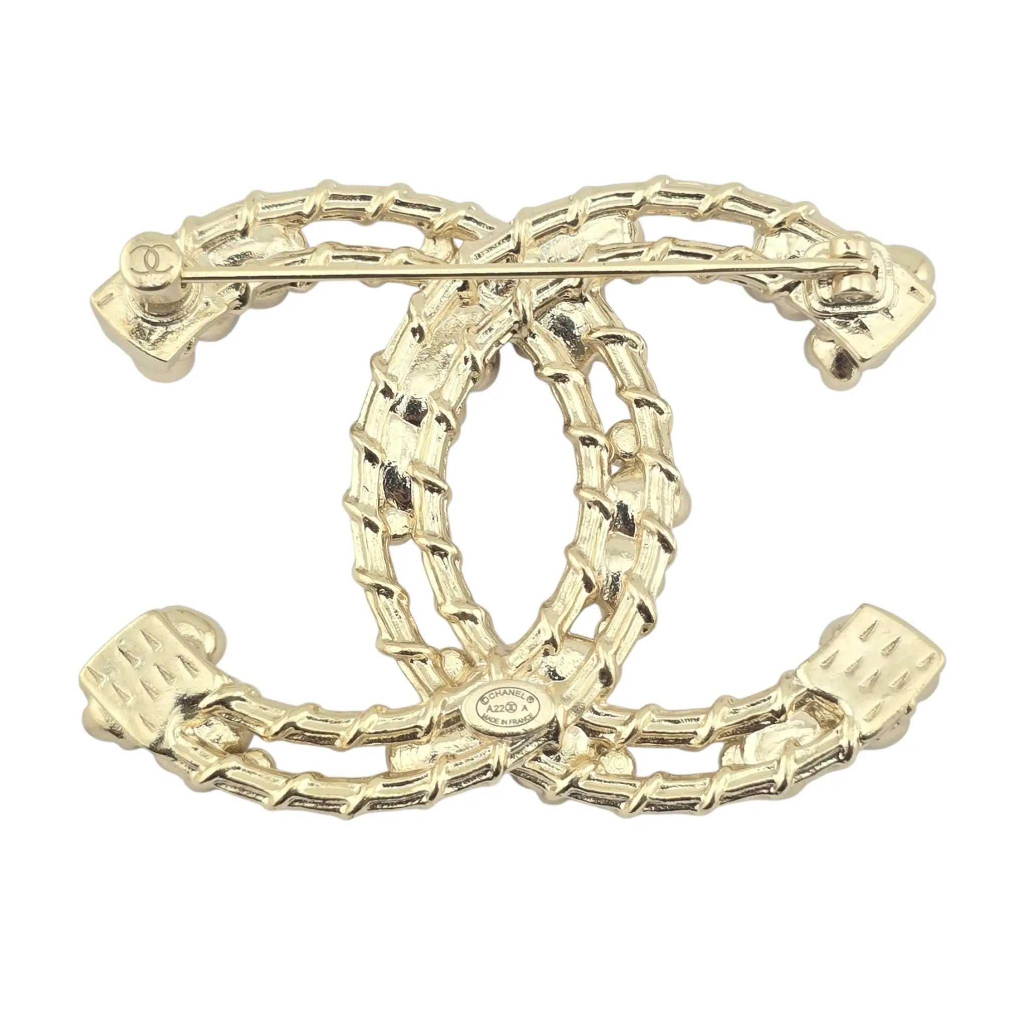 Chanel CC Metal Crystal Camellia Brooch Light Gold CHANEL