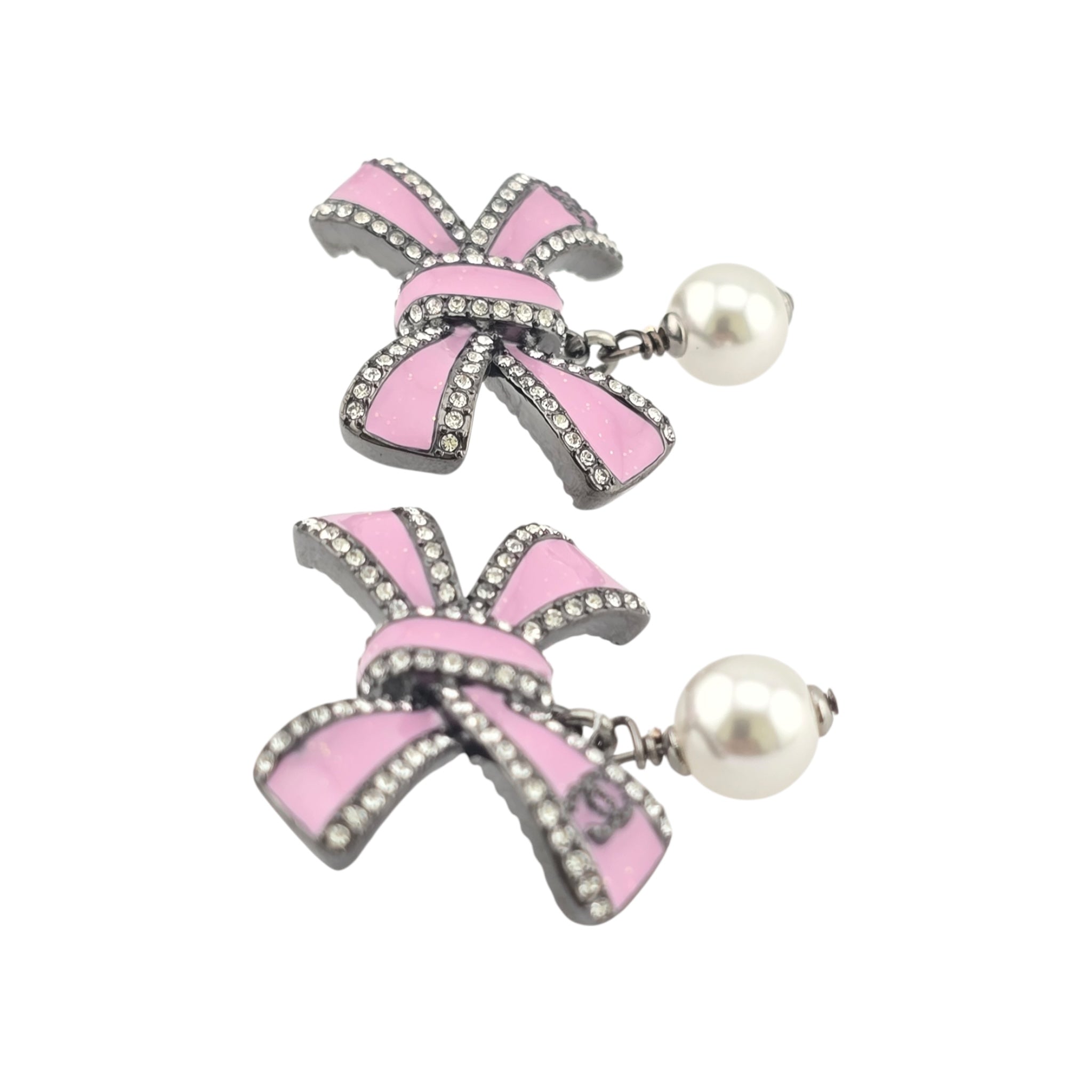 Chanel CC Silver Crystal Enamel Bow Earrings 2025