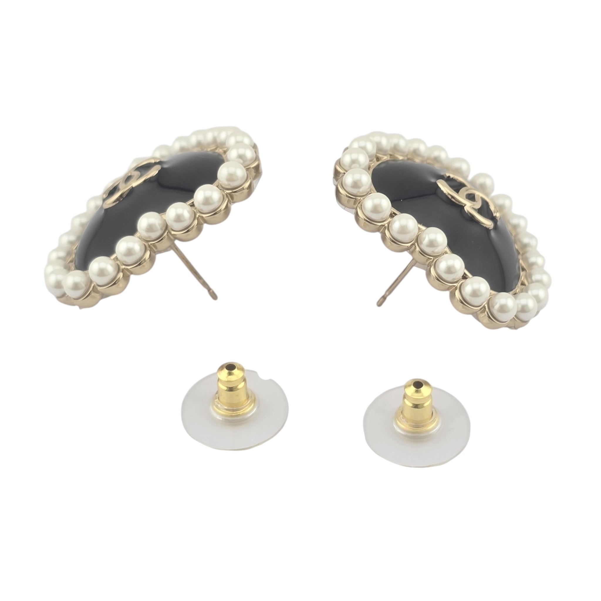 Chanel CC Black Gold Heart Faux Pearl Earrings 2025 CHANEL