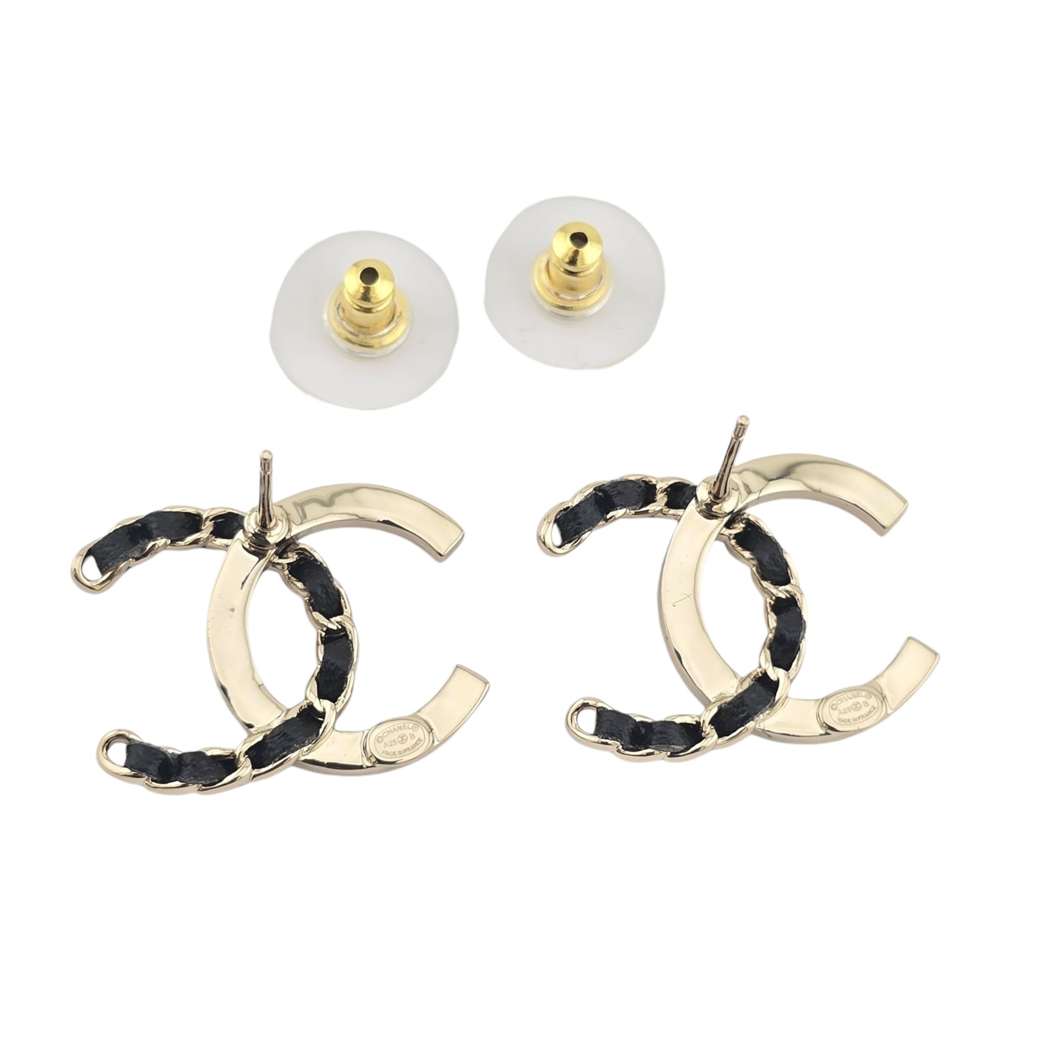 Chanel CC Gold Crystal Leather Stud Earrings 2025 CHANEL