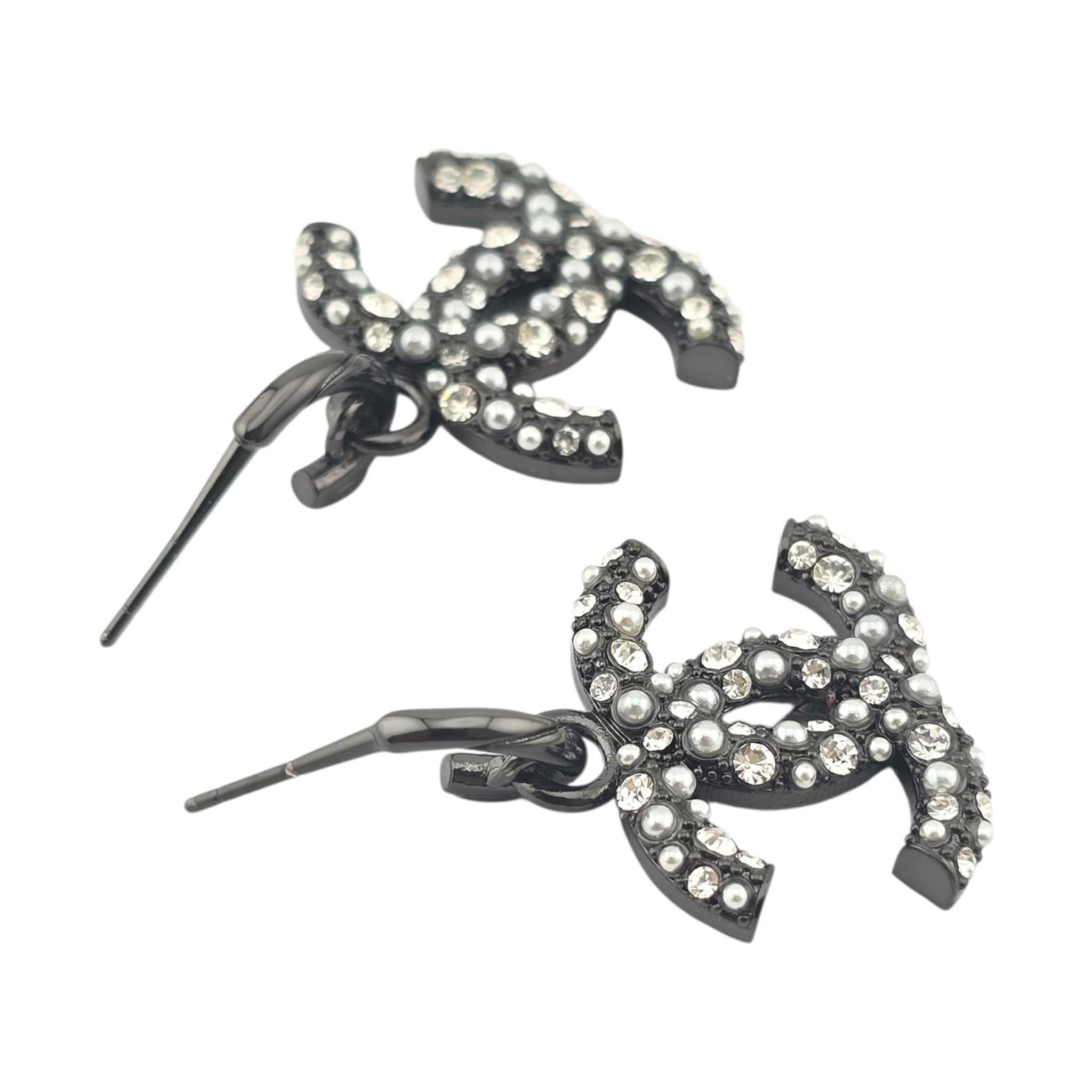 Chanel CC Ruthenium Drop Crystal Faux Pearl Earrings 2022 CHANEL