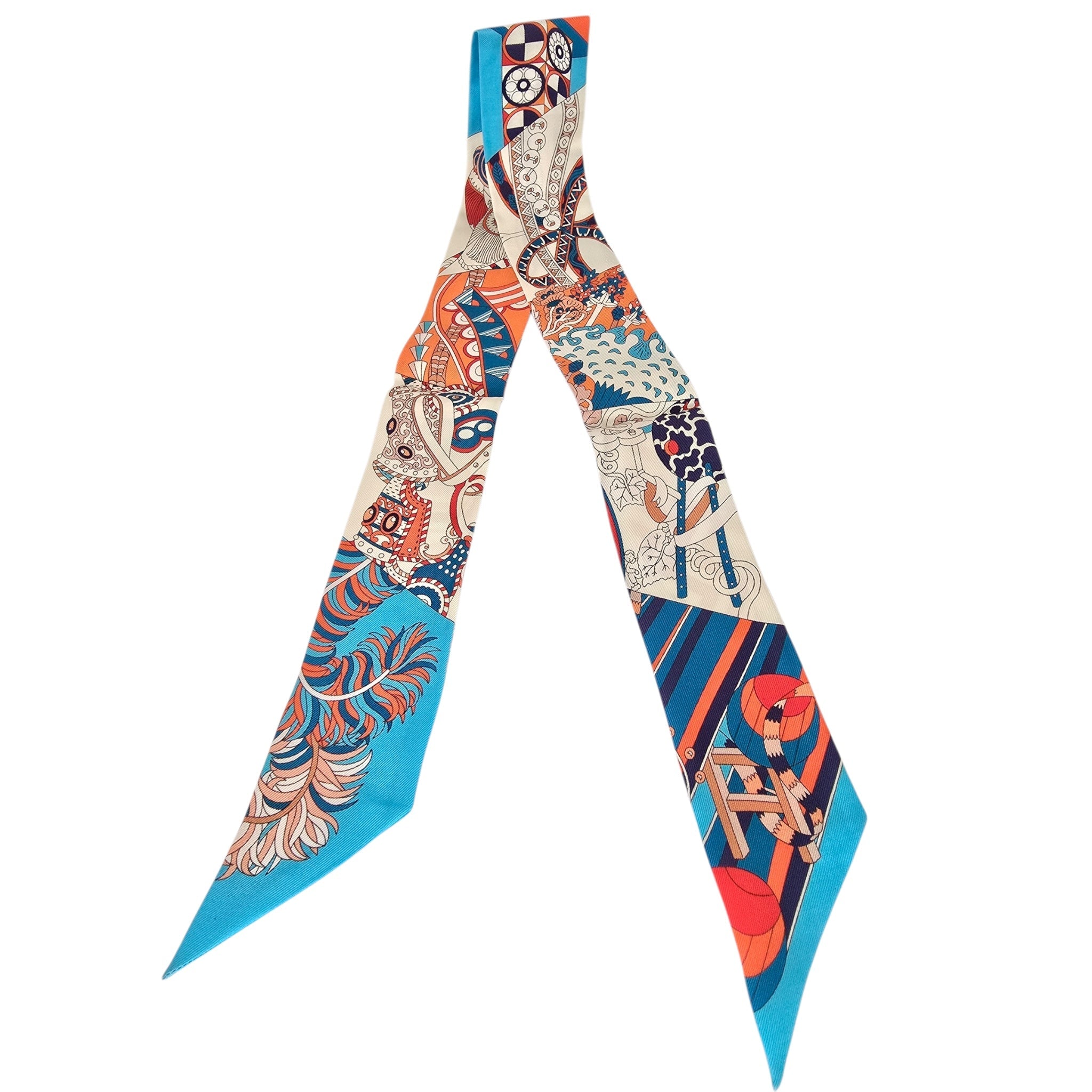 Hermes Silk Twilly De L’Ombrelle Aux Duels Blue Potiron and Creme HERMES