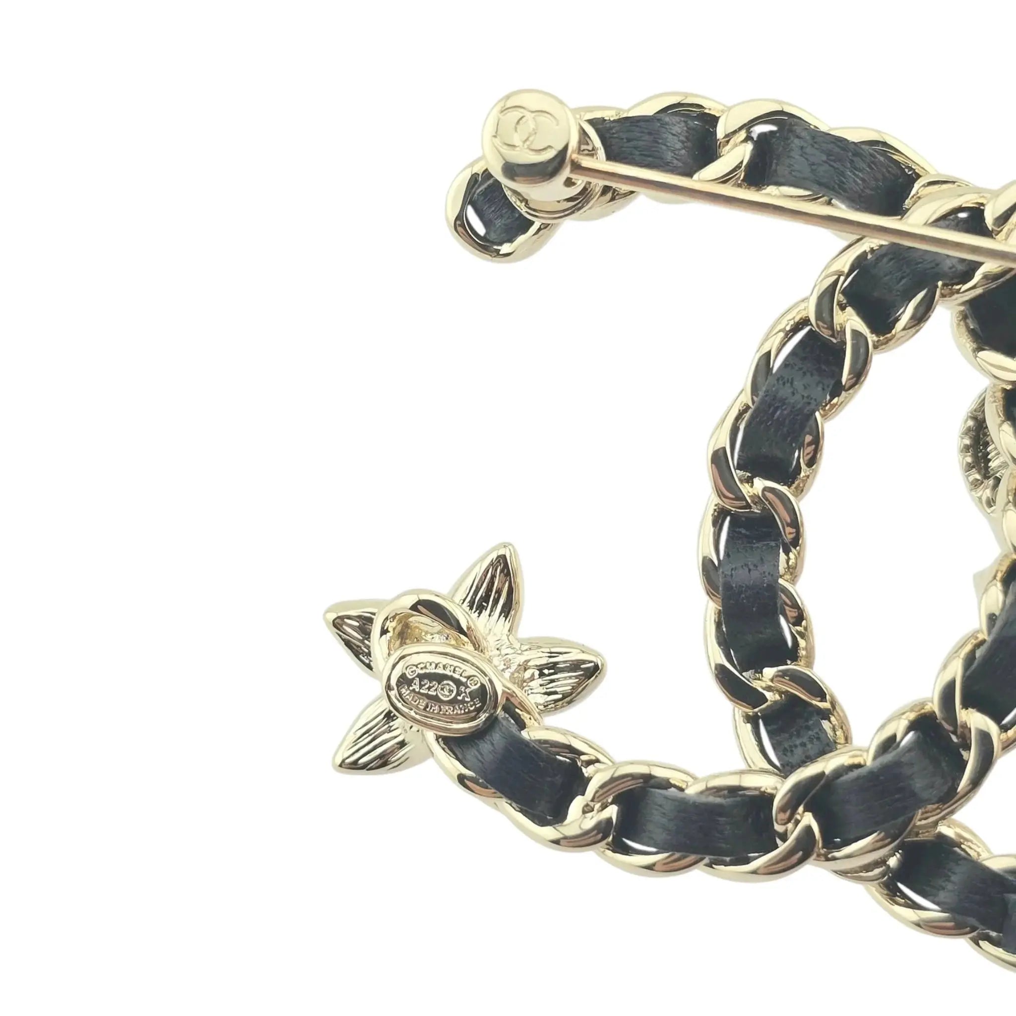 Chanel CC Black Leather Floral Brooch 2022 CHANEL