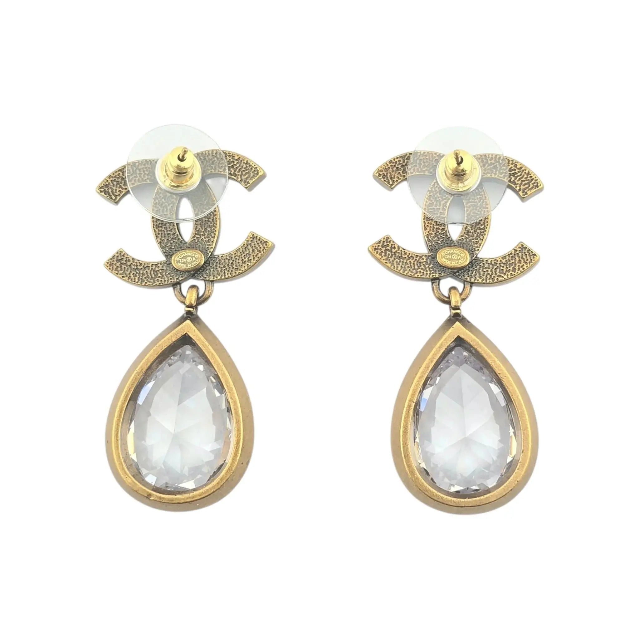 Chanel CC Tear Drop Crystal Dangle Gold Earrings 2024 CHANEL