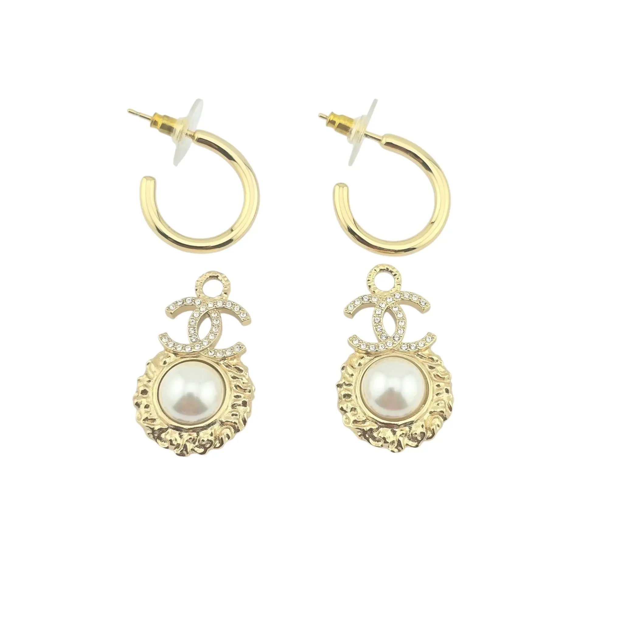 Chanel CC Faux Pearl & Strass Drop Hoop Earrings 2022 CHANEL