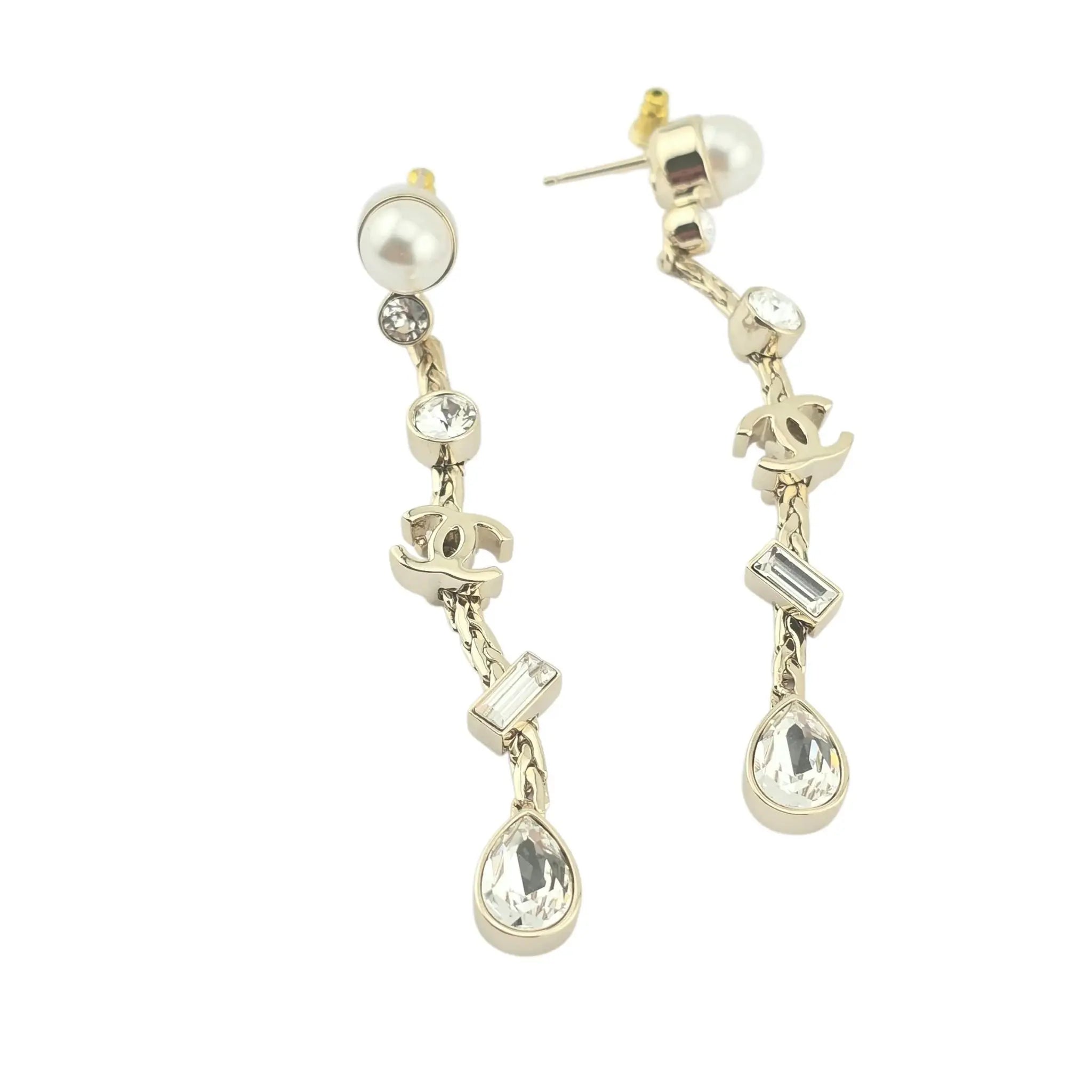 Chanel CC Drop Crystal Faux Pearls Gold Earrings 2022 CHANEL