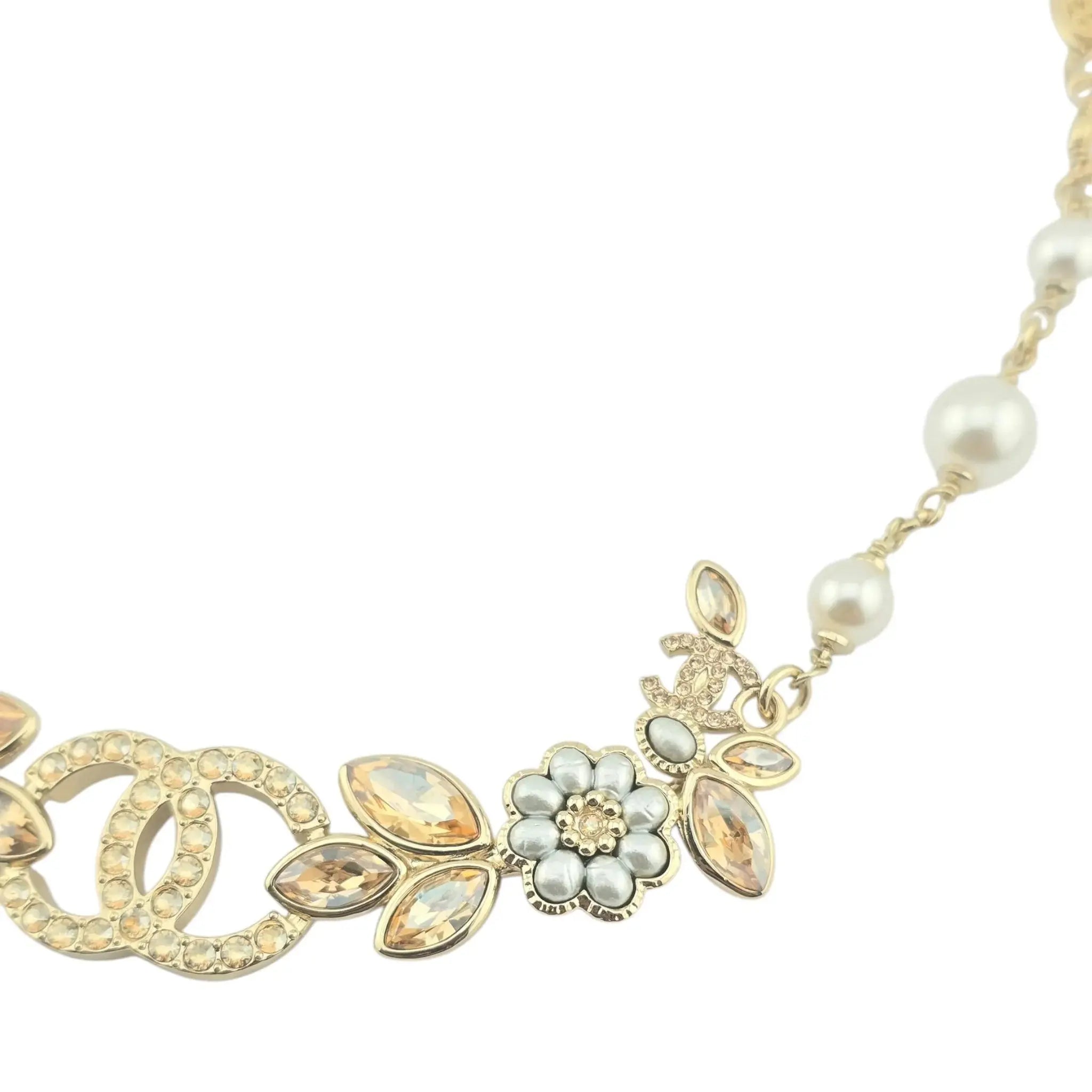 Chanel CC Flower Leaf Crystal Gold Necklace 2022 CHANEL