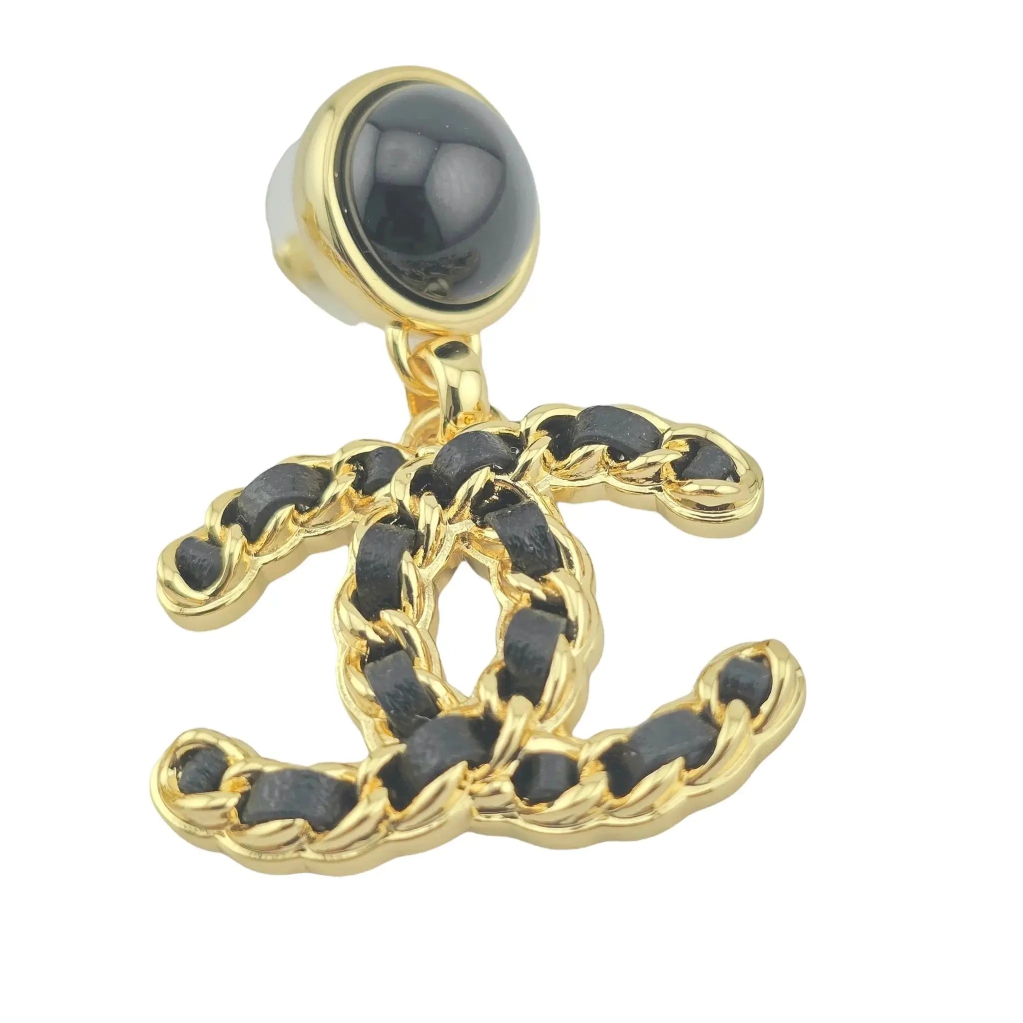 Chanel CC Gold Black Leather Drop Earrings B24 CHANEL