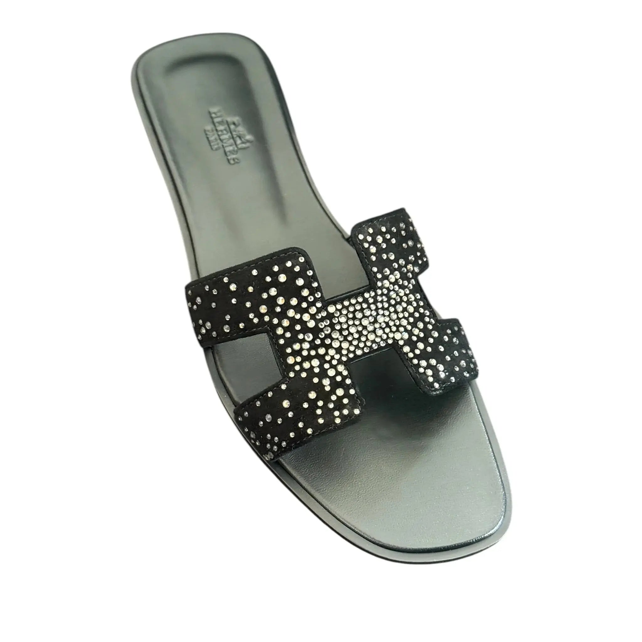 Hermes Oran Sandal Black Crystal Embellished Suede - 40 HERMES