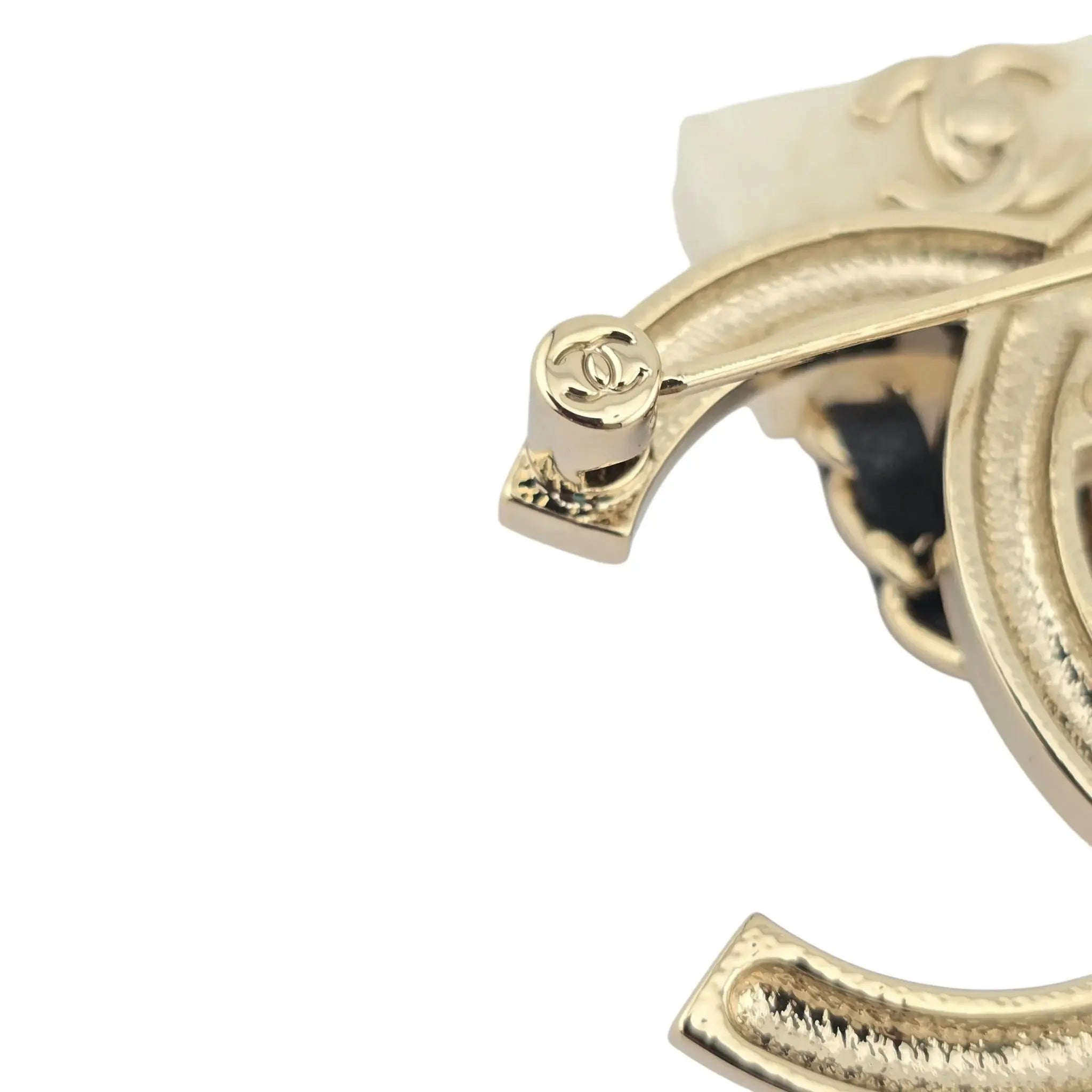 Chanel CC Crystal Resin Flap Bag Brooch Gold White 2023 CHANEL