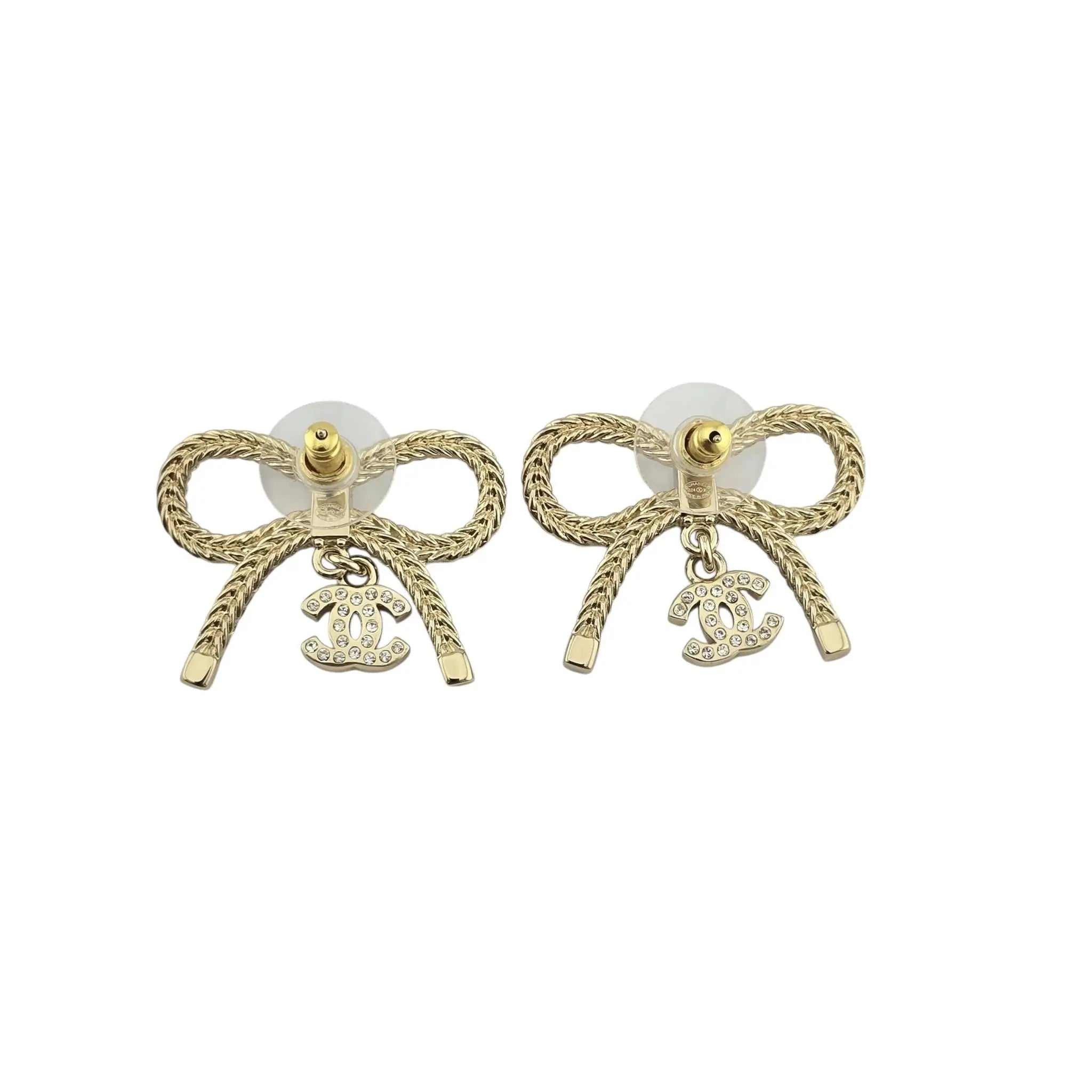 Chanel CC Crystal Bow Drop Earrings Gold 2024 CHANEL