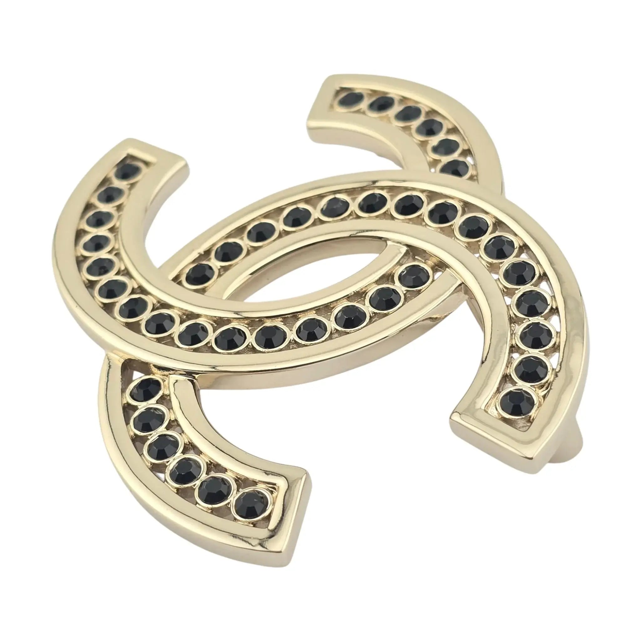 Chanel CC Metal Crystal Brooch Gold Black CHANEL