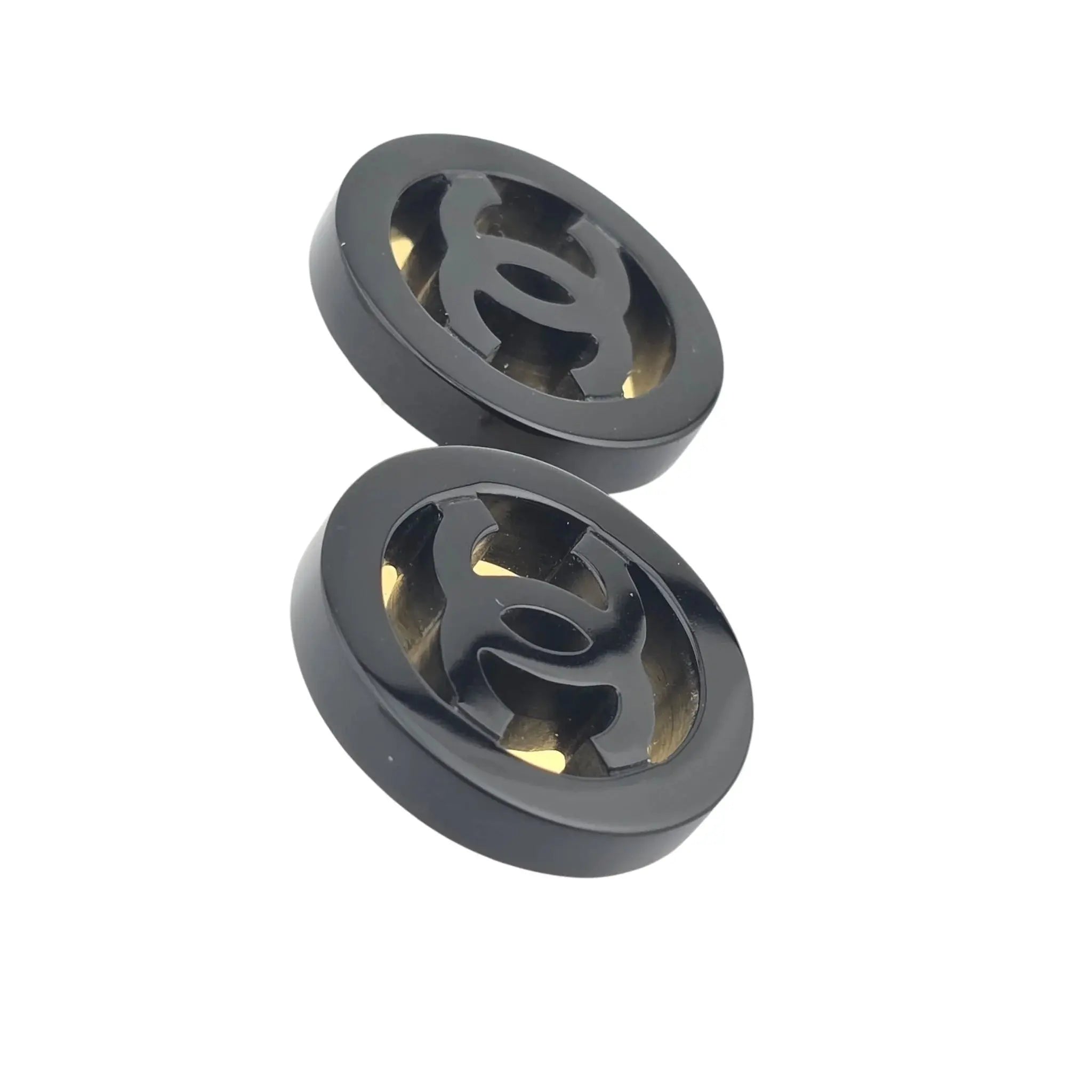 Chanel CC Resin Round Earrings Gold Black 2024 CHANEL