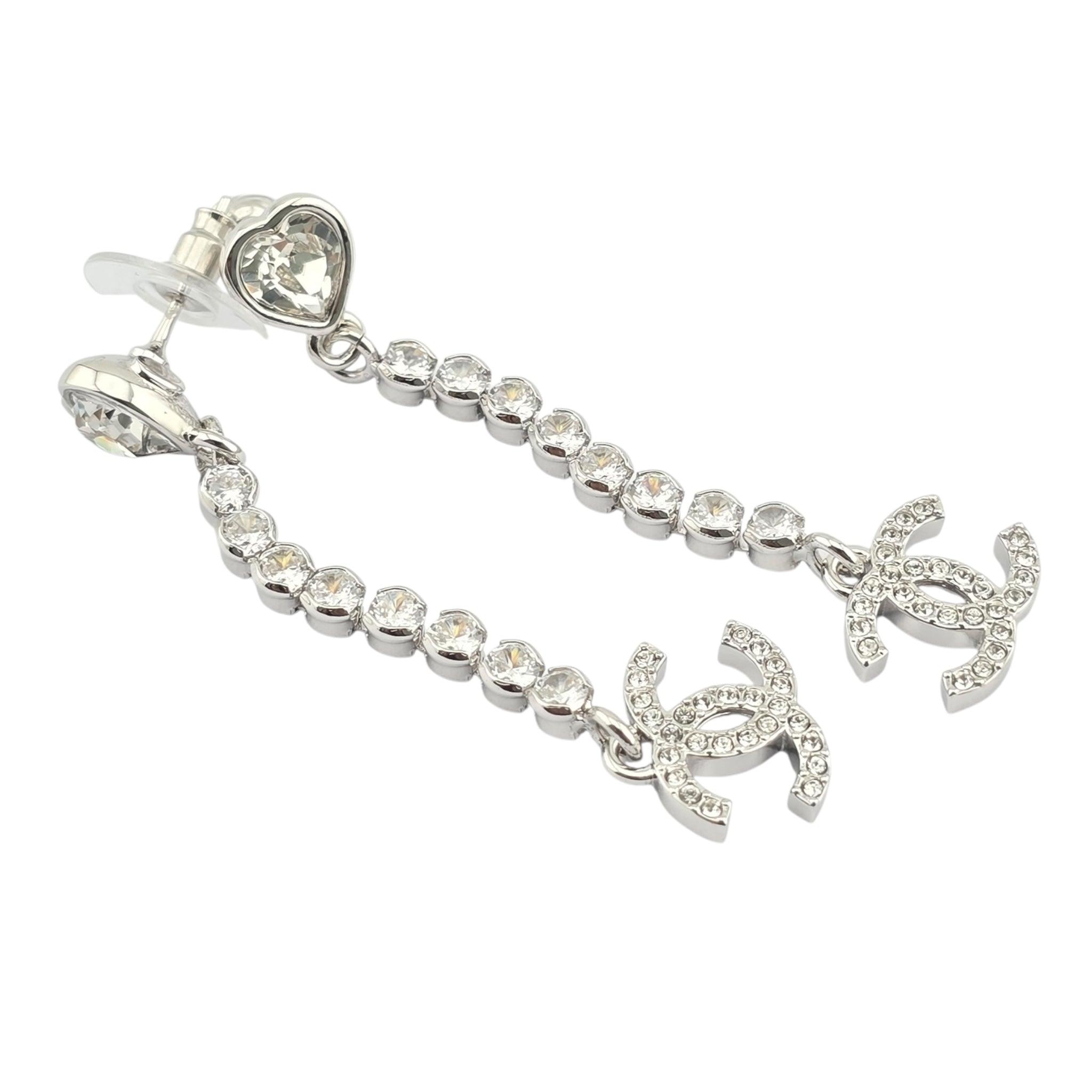 Chanel CC Silver Crystal Drop Heart Earrings 2025 CHANEL