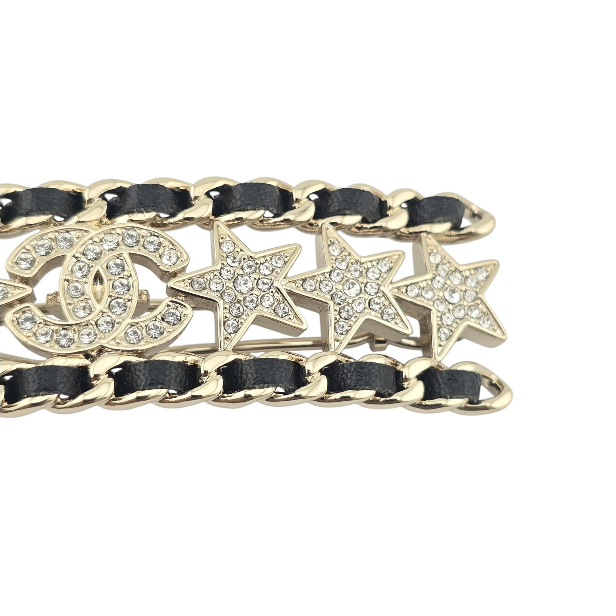 Chanel CC Black Leather Crystal Hair Barrette Clip B23