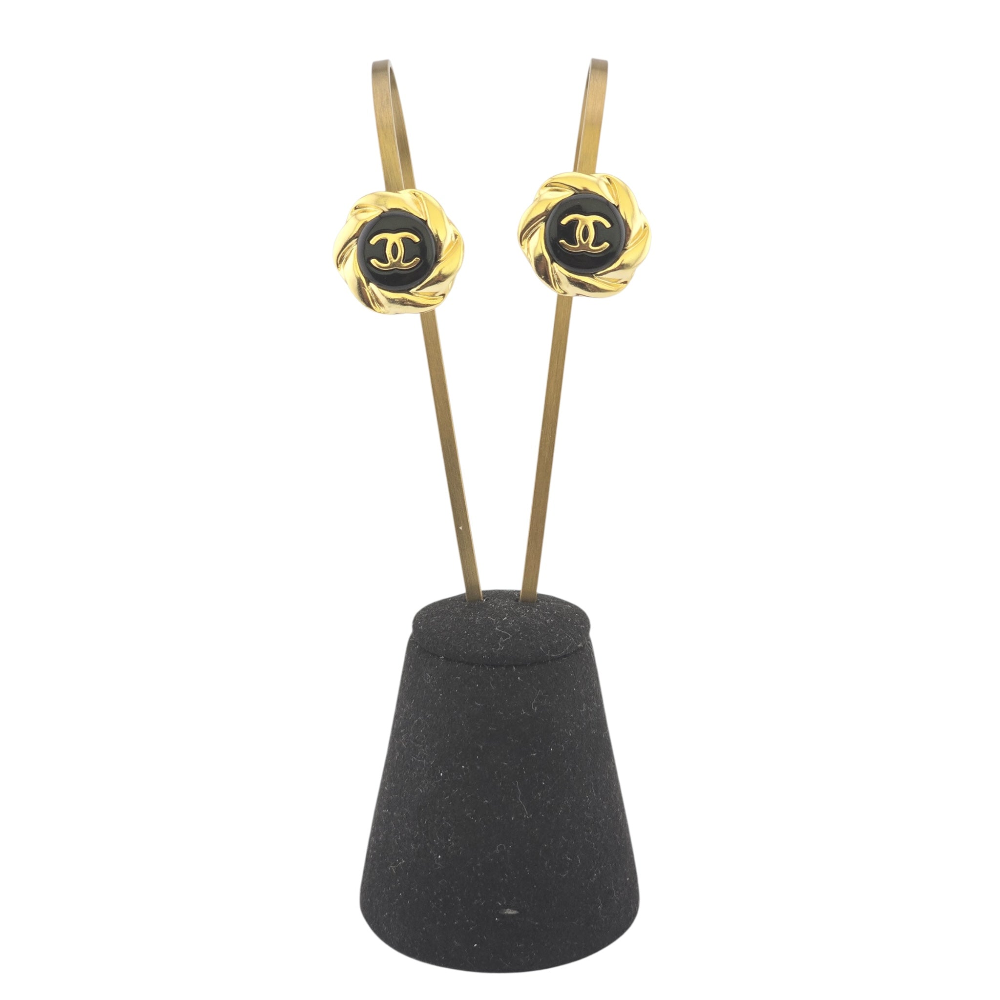 Chanel Resin CC Round Earrings Gold Black A22