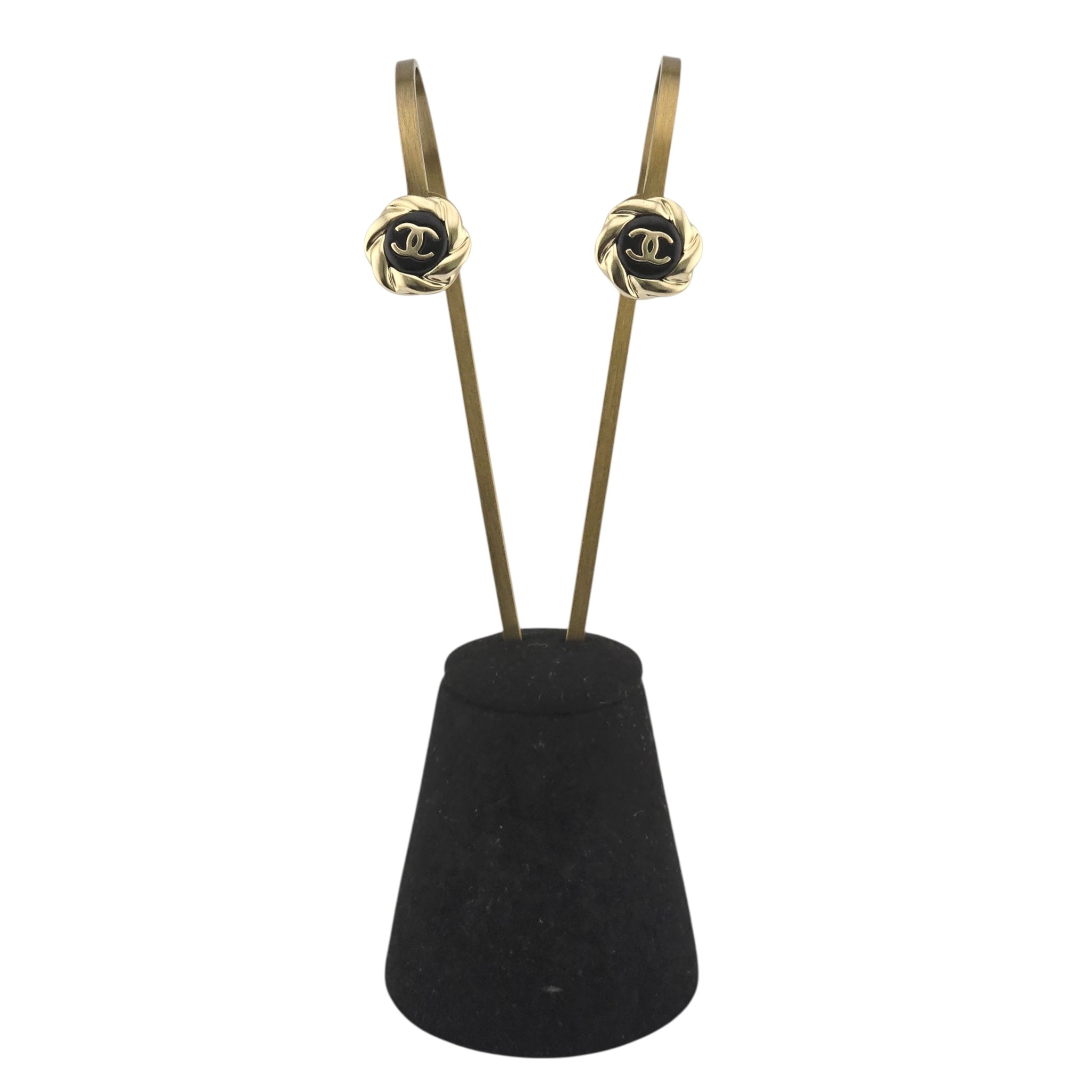 Chanel CC Resin Round Earrings Gold Black A22 CHANEL