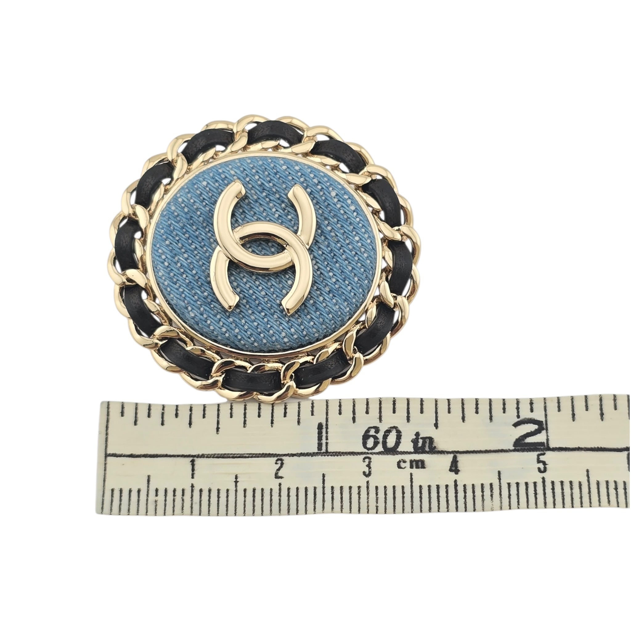 Chanel CC Denim Oval Brooch Blue Gold 2025 CHANEL