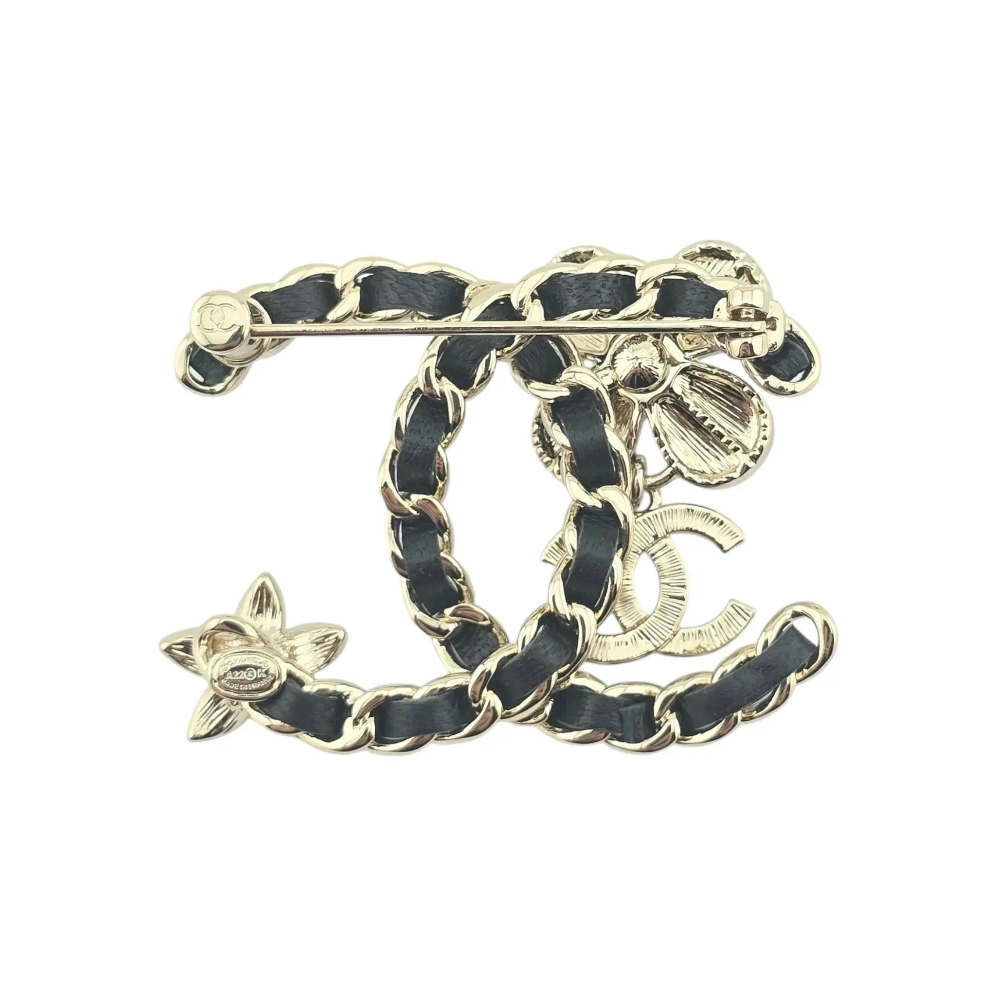 Chanel CC Black Leather Floral Brooch 2022 CHANEL