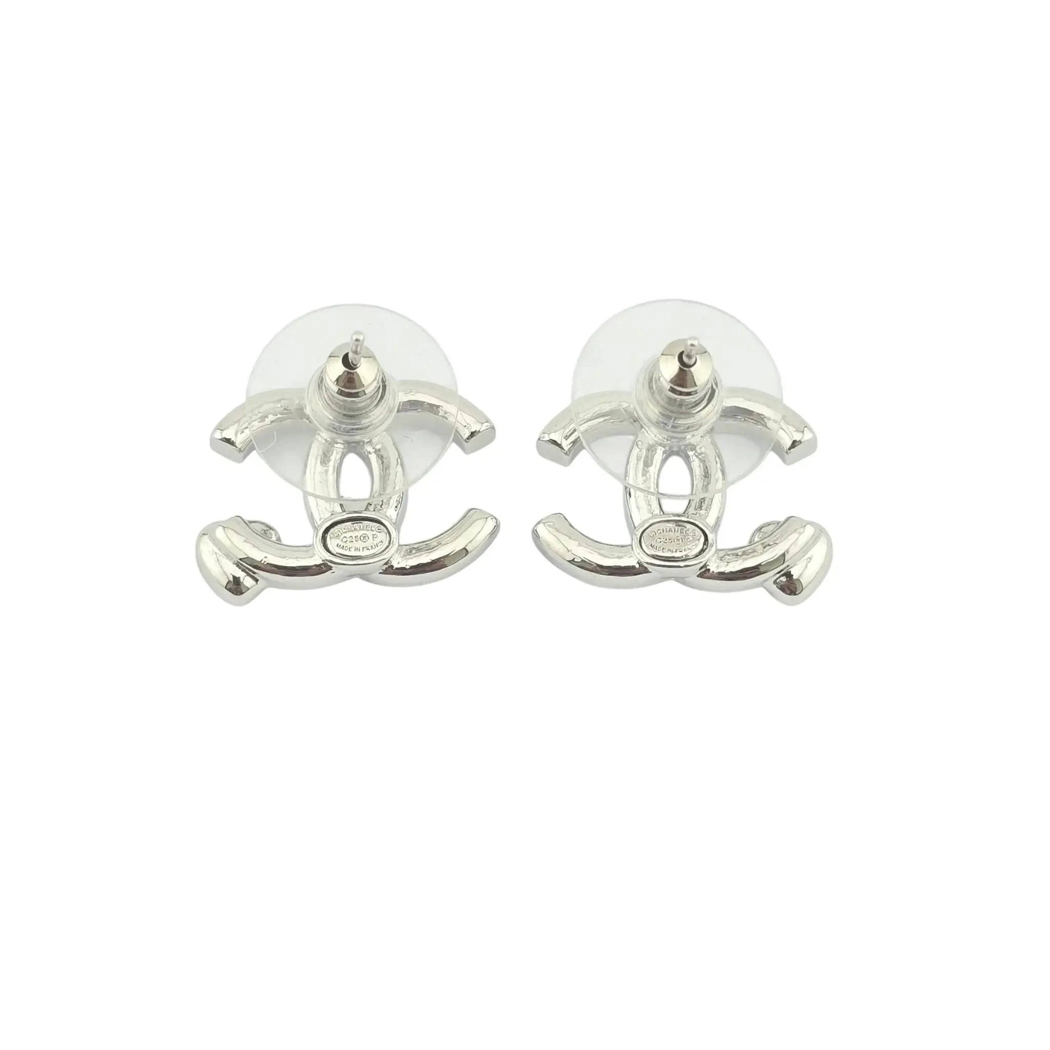 Chanel CC Silver Red Crystal Heart Stud Earrings CHANEL