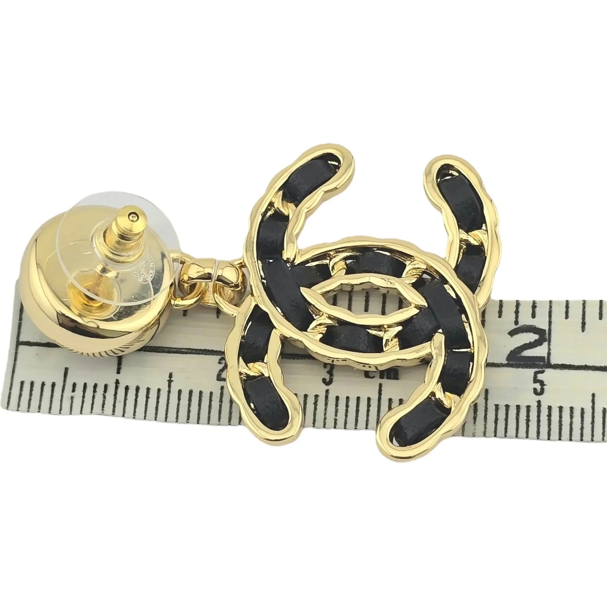 Chanel CC Gold Black Leather Drop Earrings B24 CHANEL