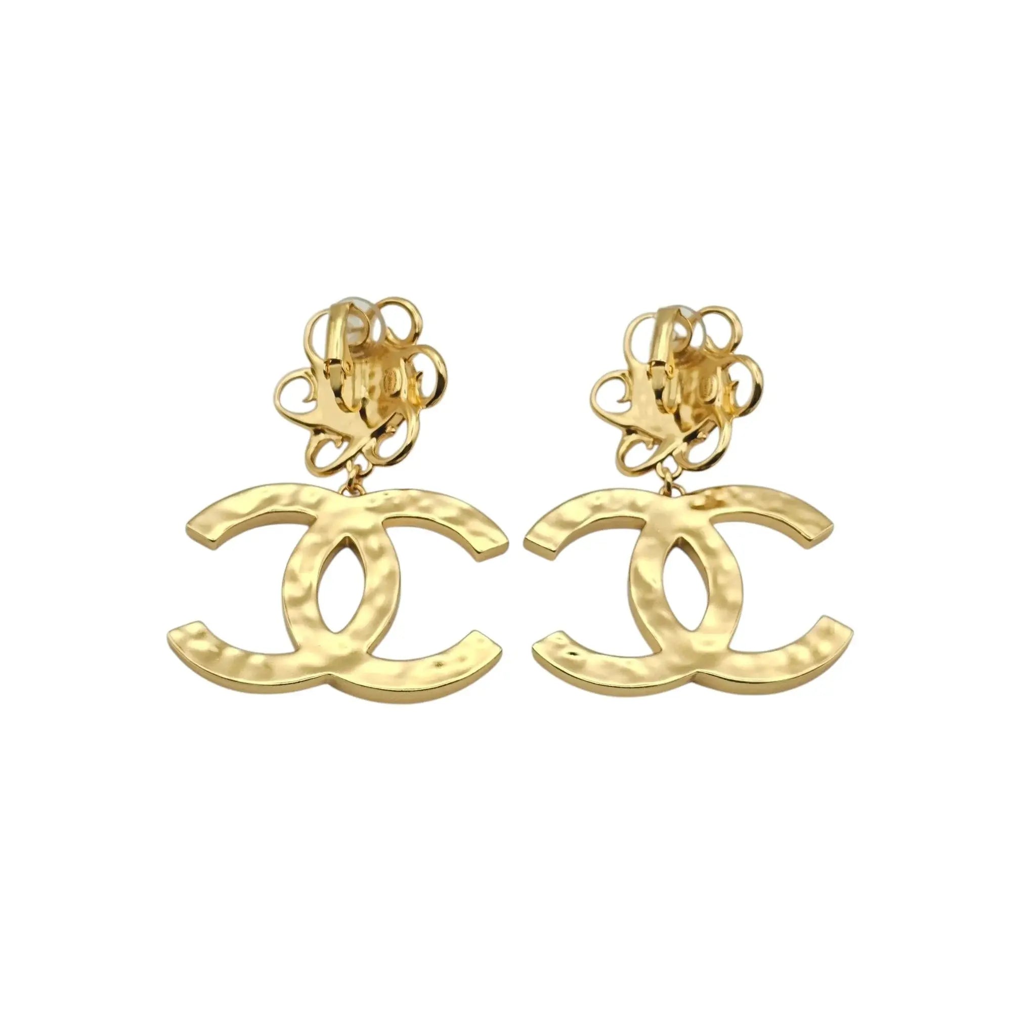 Chanel 23C XL Gold White Stripe Clip On Dangle Drop Earrings CHANEL