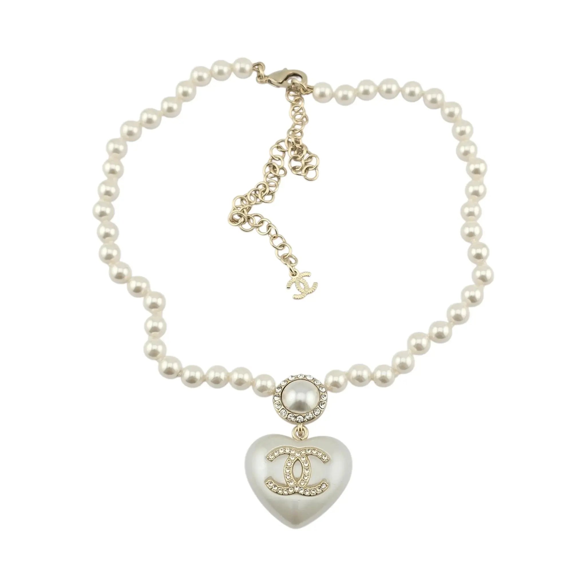 Chanel CC Pearl Crystal Heart Gold Short Necklace A21 CHANEL