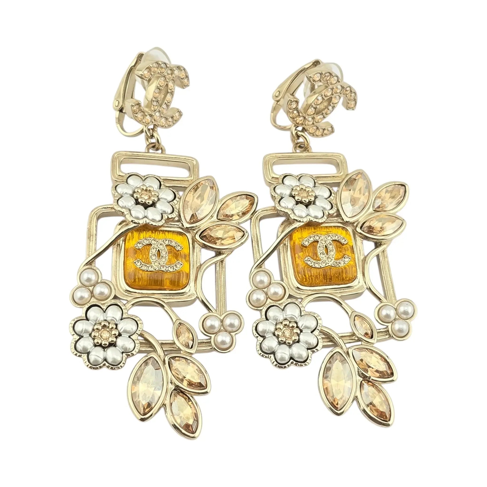 Chanel CC Floral Perfume Bottle Clip-On Earrings 2022 CHANEL