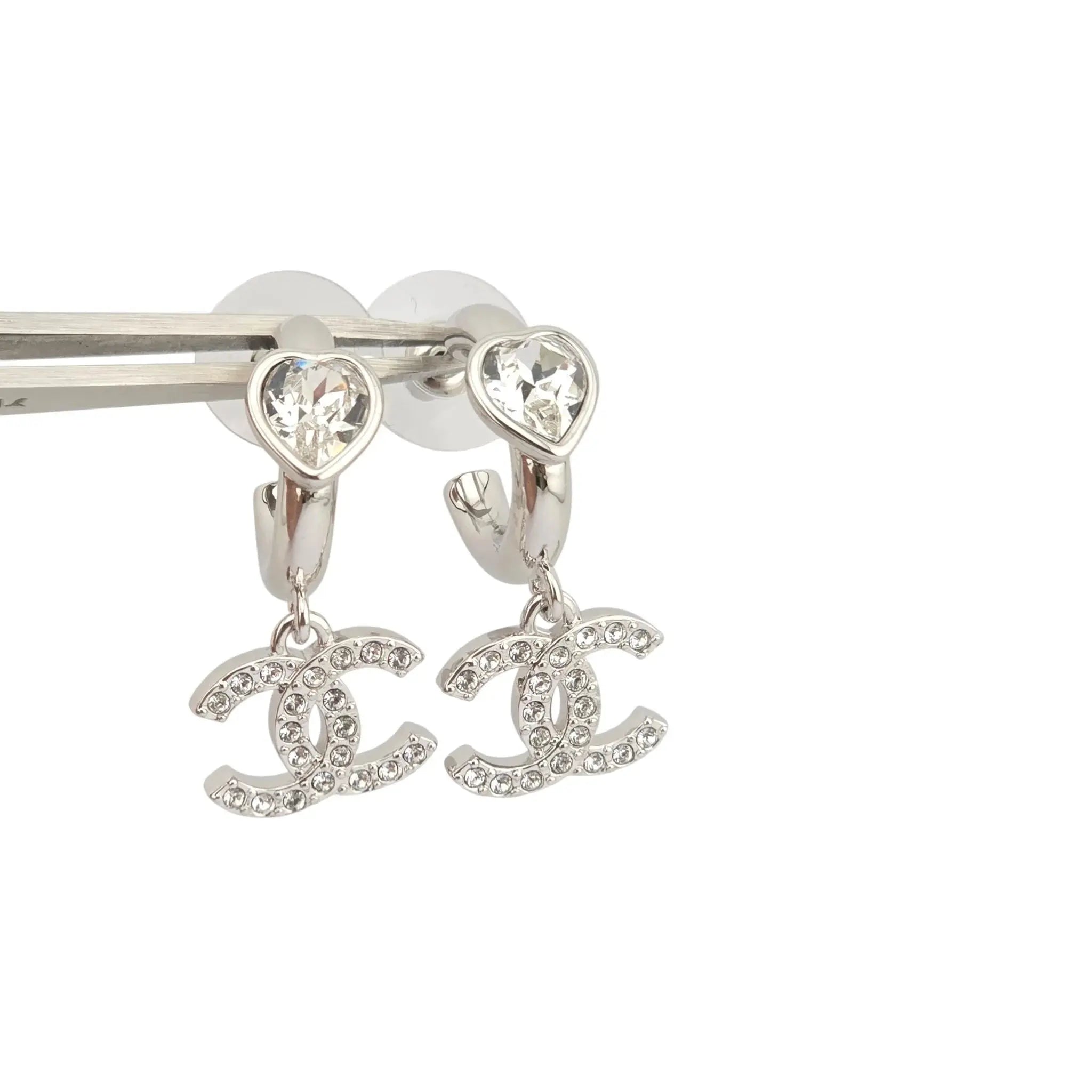Chanel CC Crystal Heart Drop Silver Earrings 2025 CHANEL