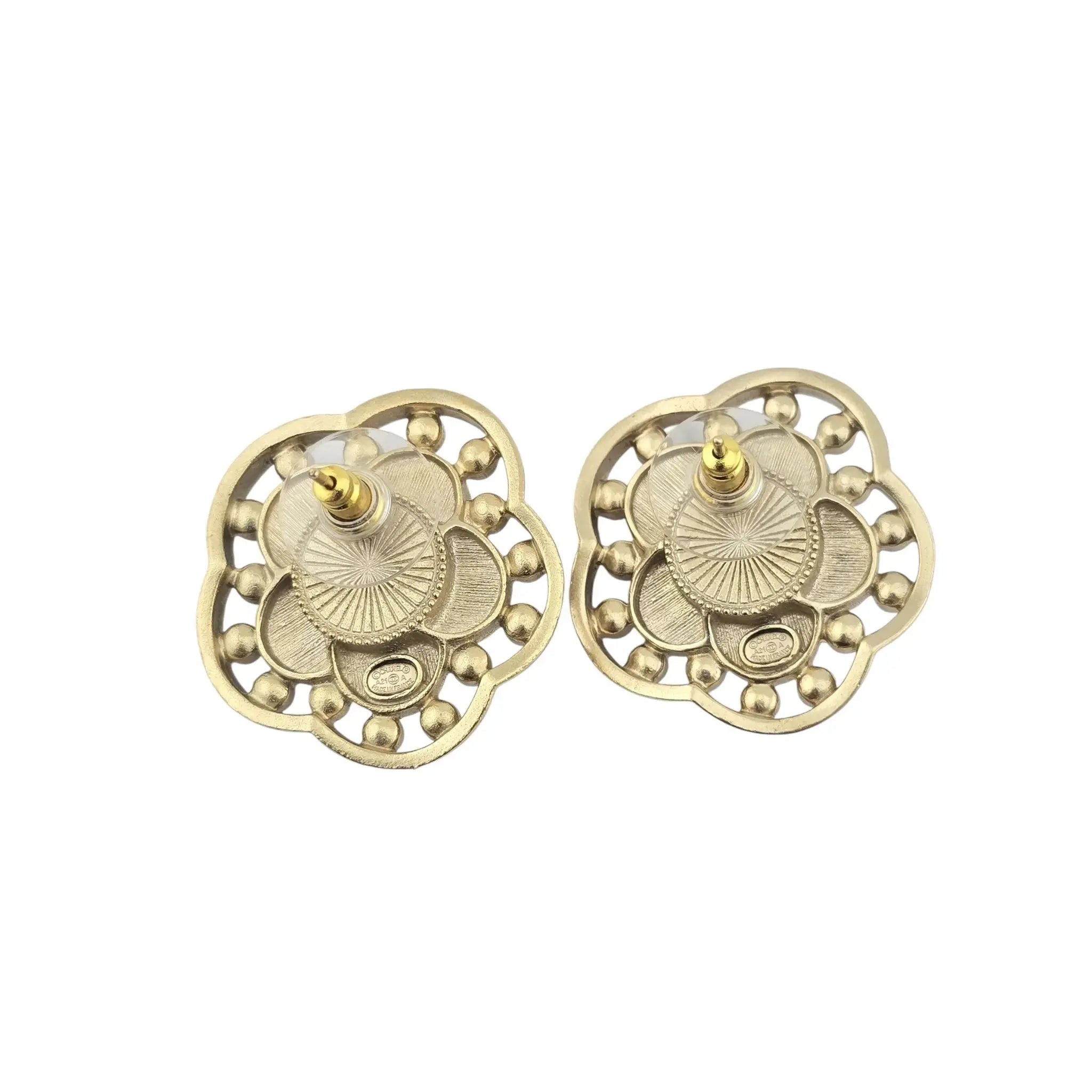 Chanel CC Enamel Crystal Pearl Camellia Earrings CHANEL