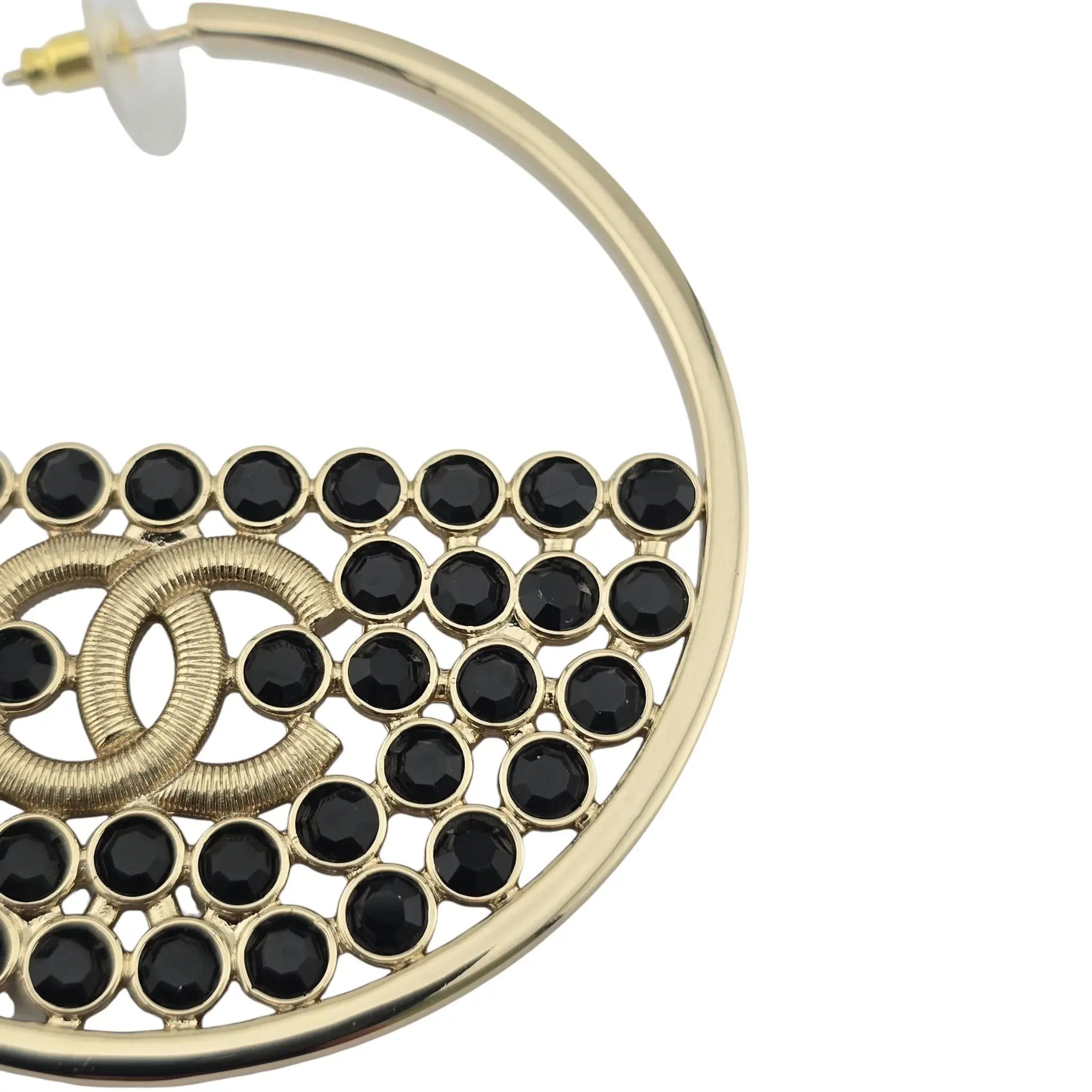 Chanel CC Black Crystal Gold Hoop Earrings SS23 CHANEL